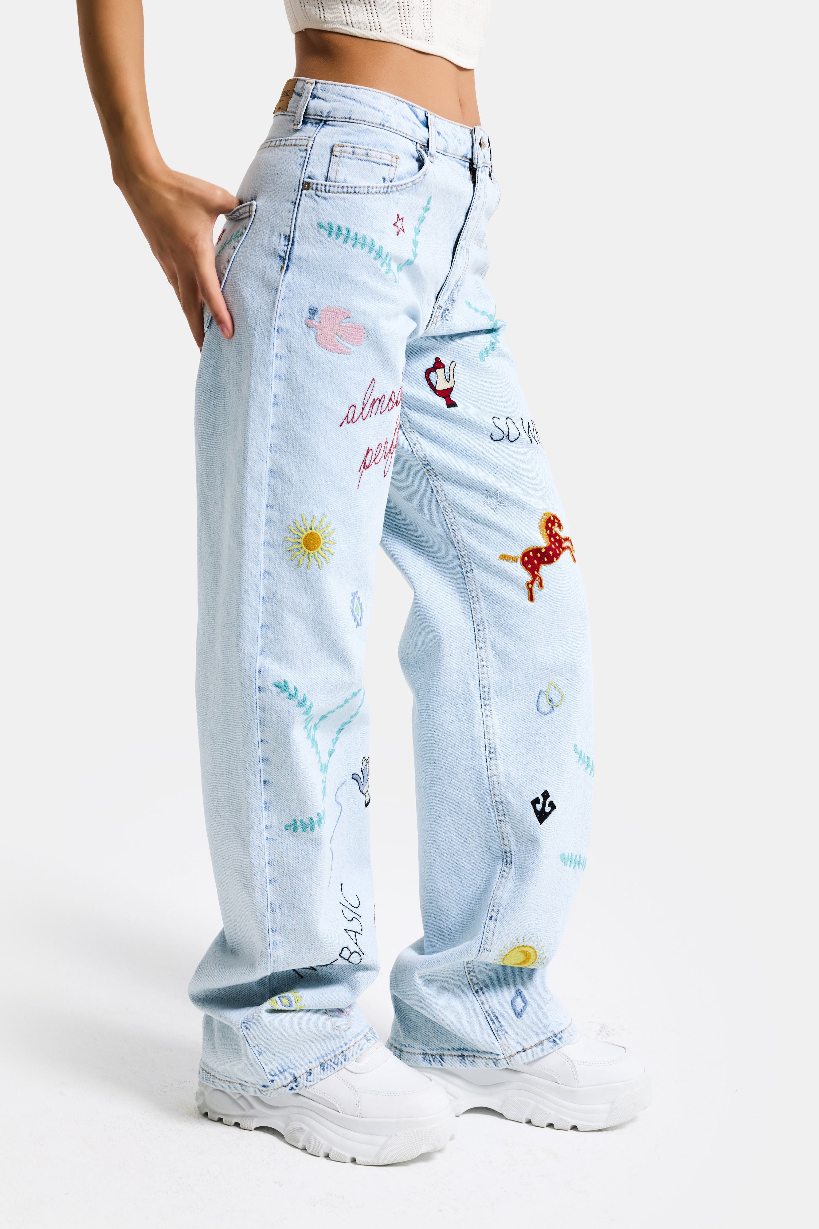 Kadın Ice 3s6-100 Straight Fit Özel Figür Nakışlı Tasarım Denim Jean