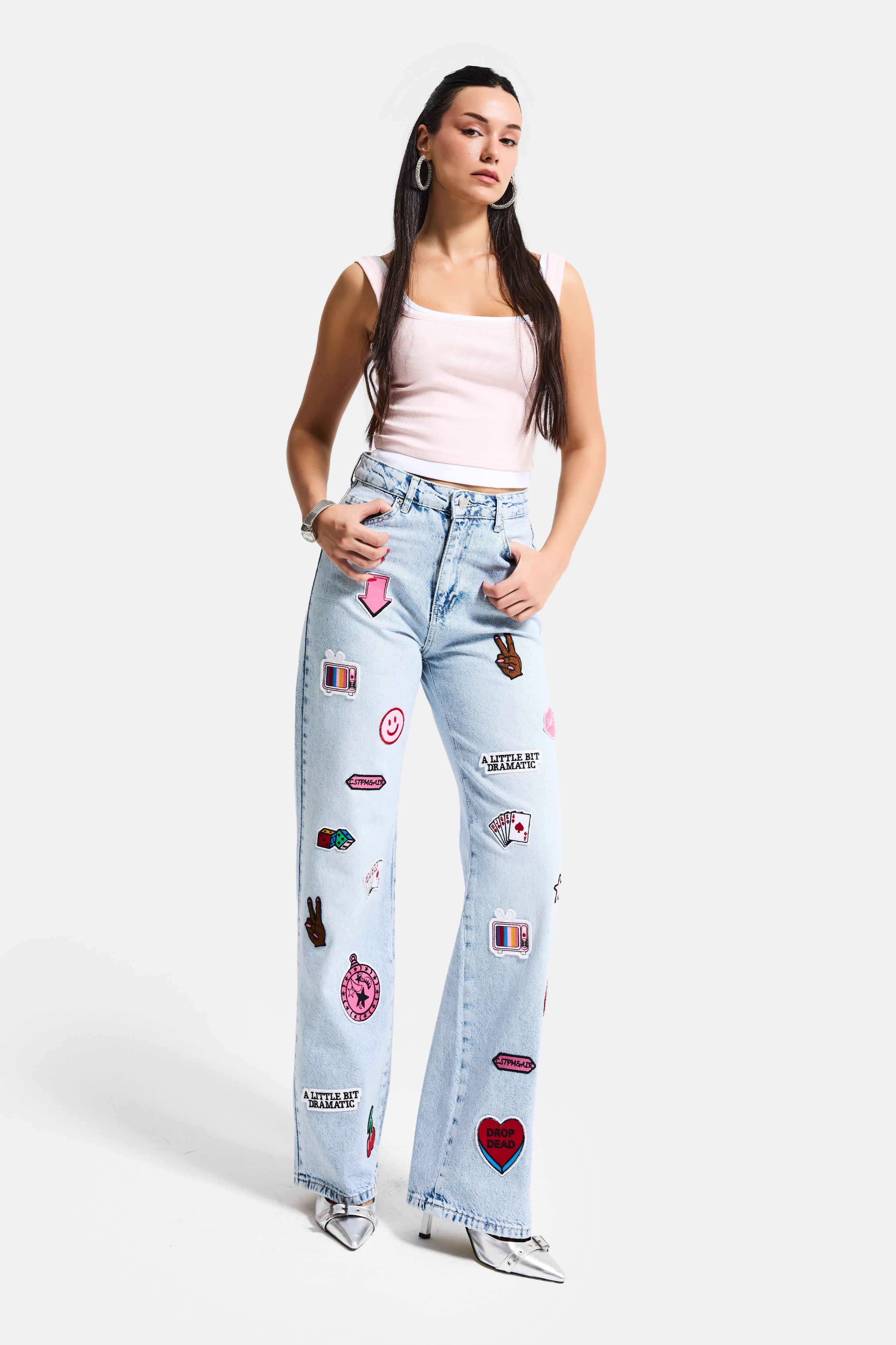 Kadın Ice 4s6-27 Straight Fit Logo ve Nakışlı Özel Tasarım Denim Jean