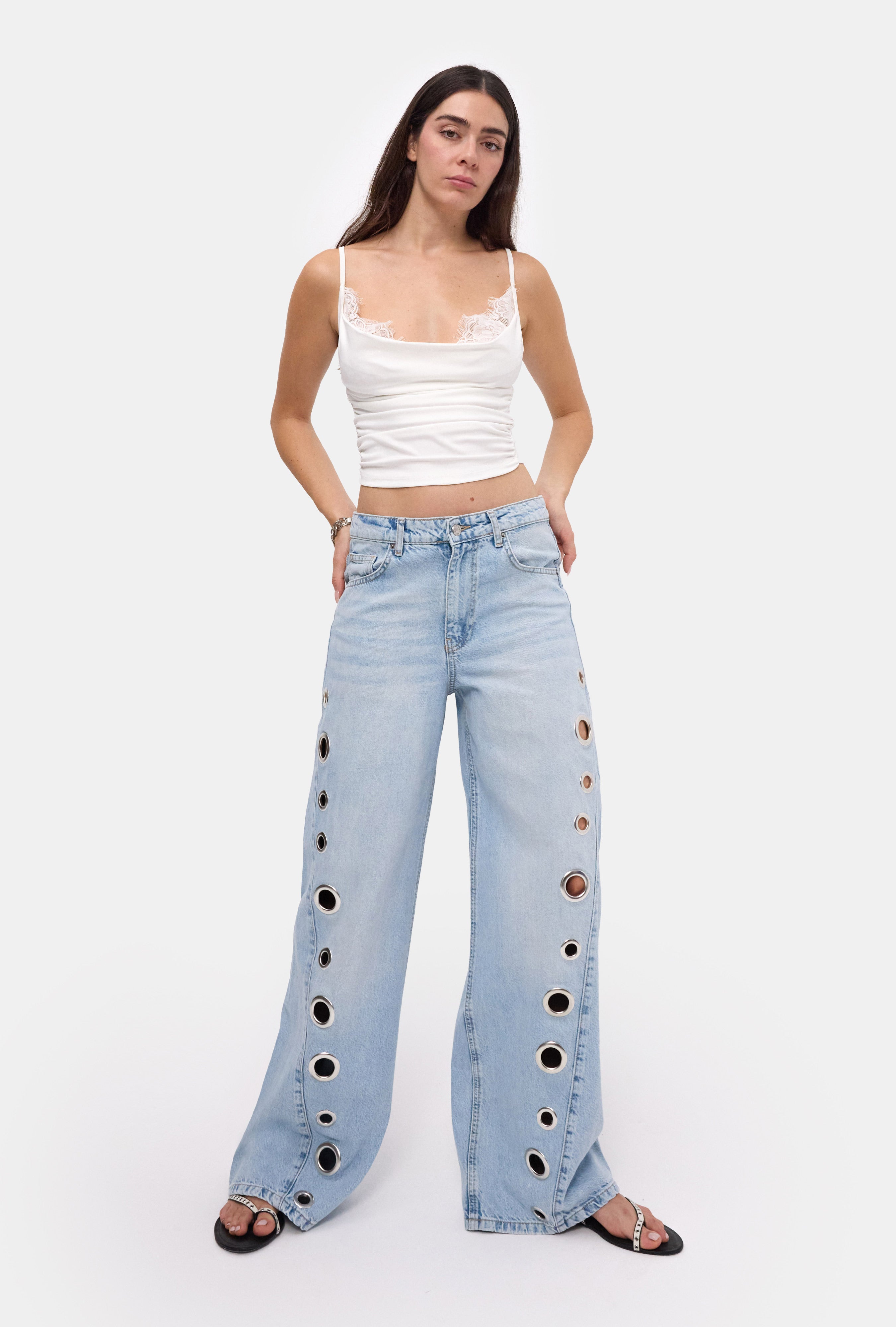 Kadın Ice 4s6-3 Palazzo Fit Kuş Gözü Detaylı Tasarım Denim Jean