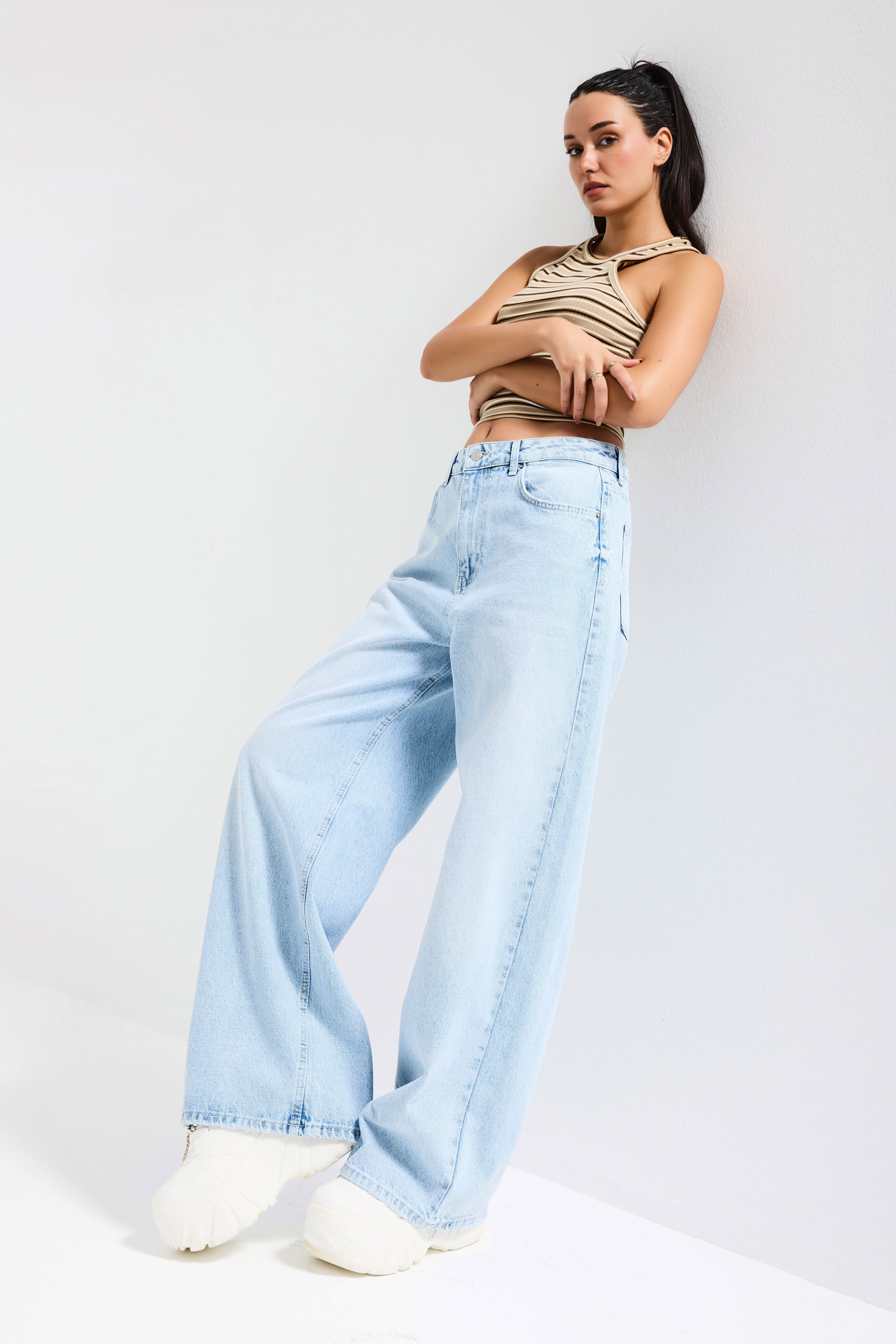usagi① AIR BAGGY DOME3 Kadın Ice Süper Baggy Fit Orta Bel Denim Jean