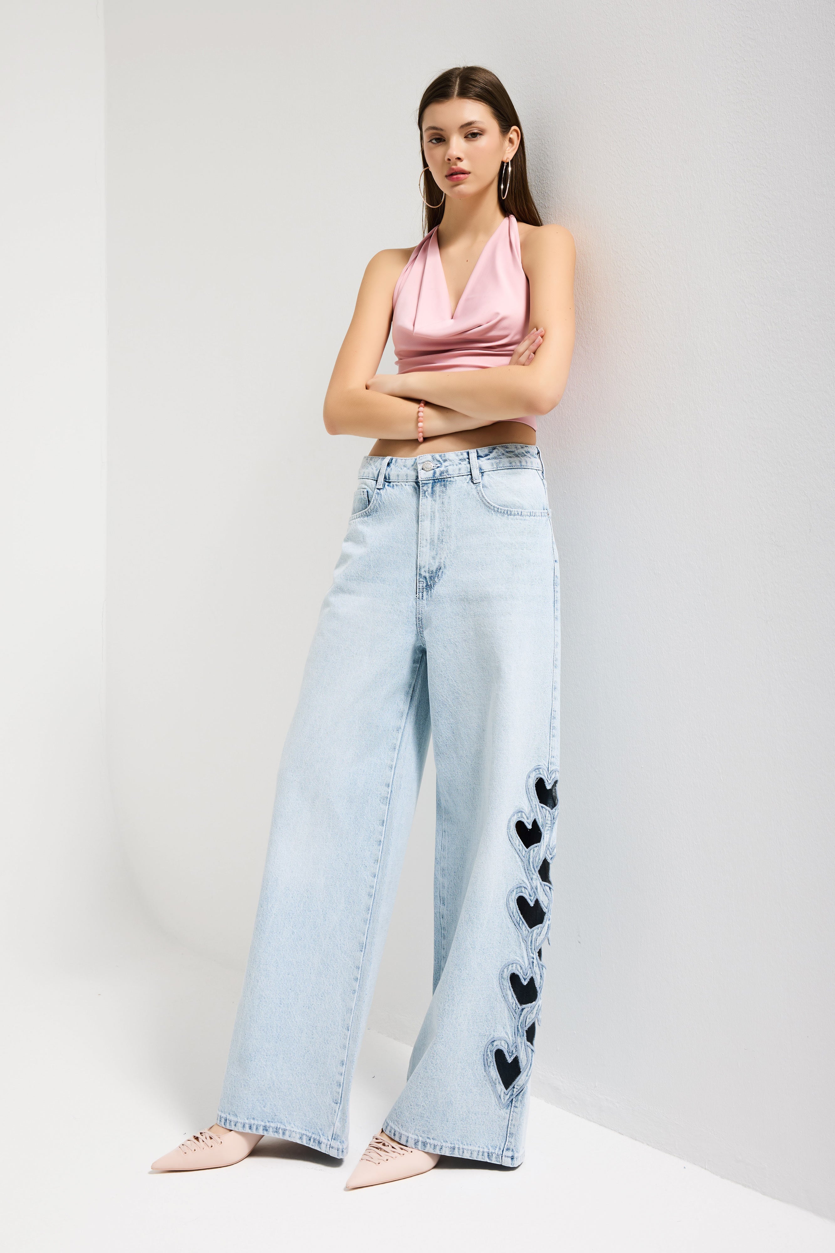 Kadın Ice 4s6-3 Süper Baggy Kalp Nakış Detaylı Özel Tasarım Denim Jean