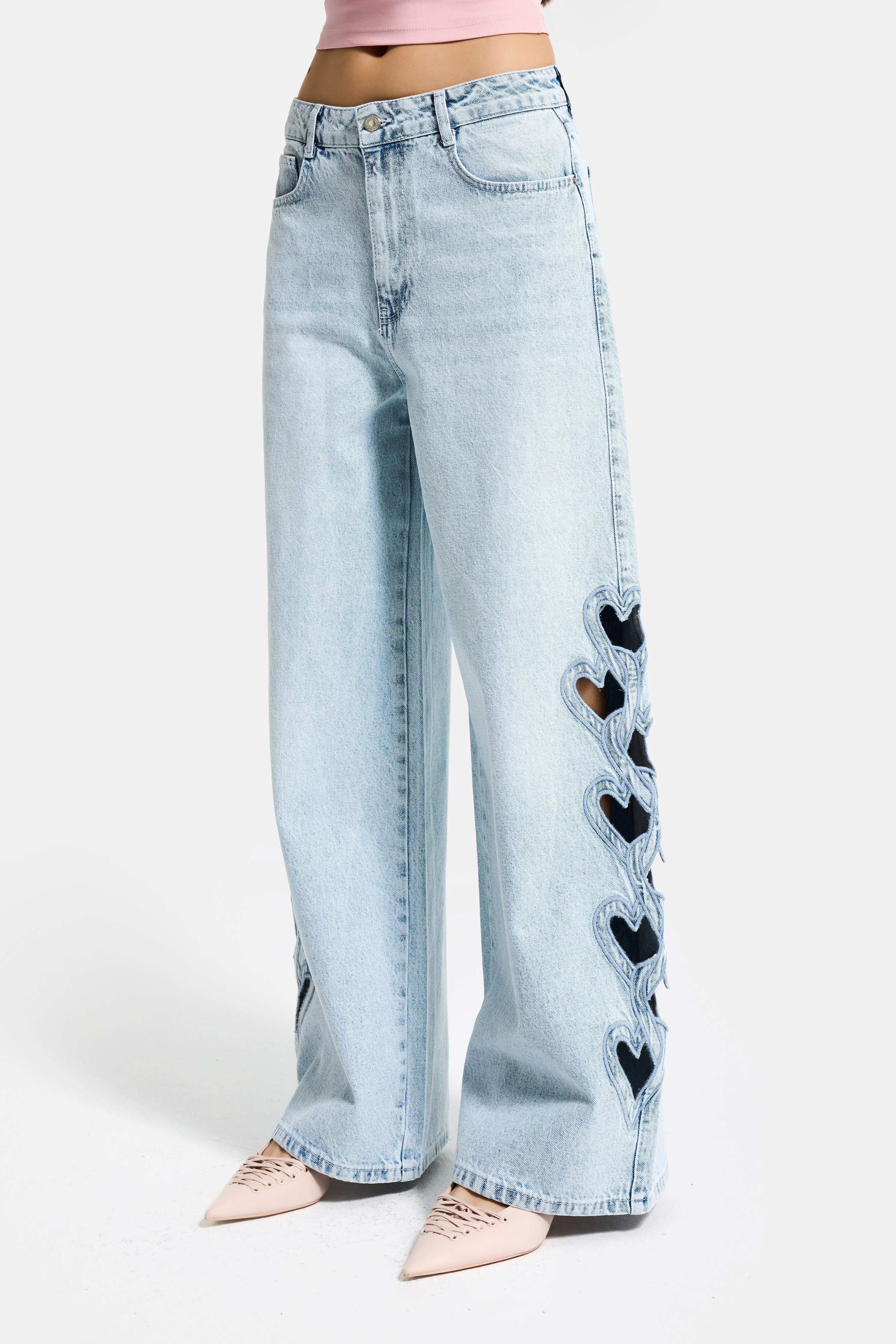 Kadın Ice 4s6-3 Süper Baggy Kalp Nakış Detaylı Özel Tasarım Denim Jean