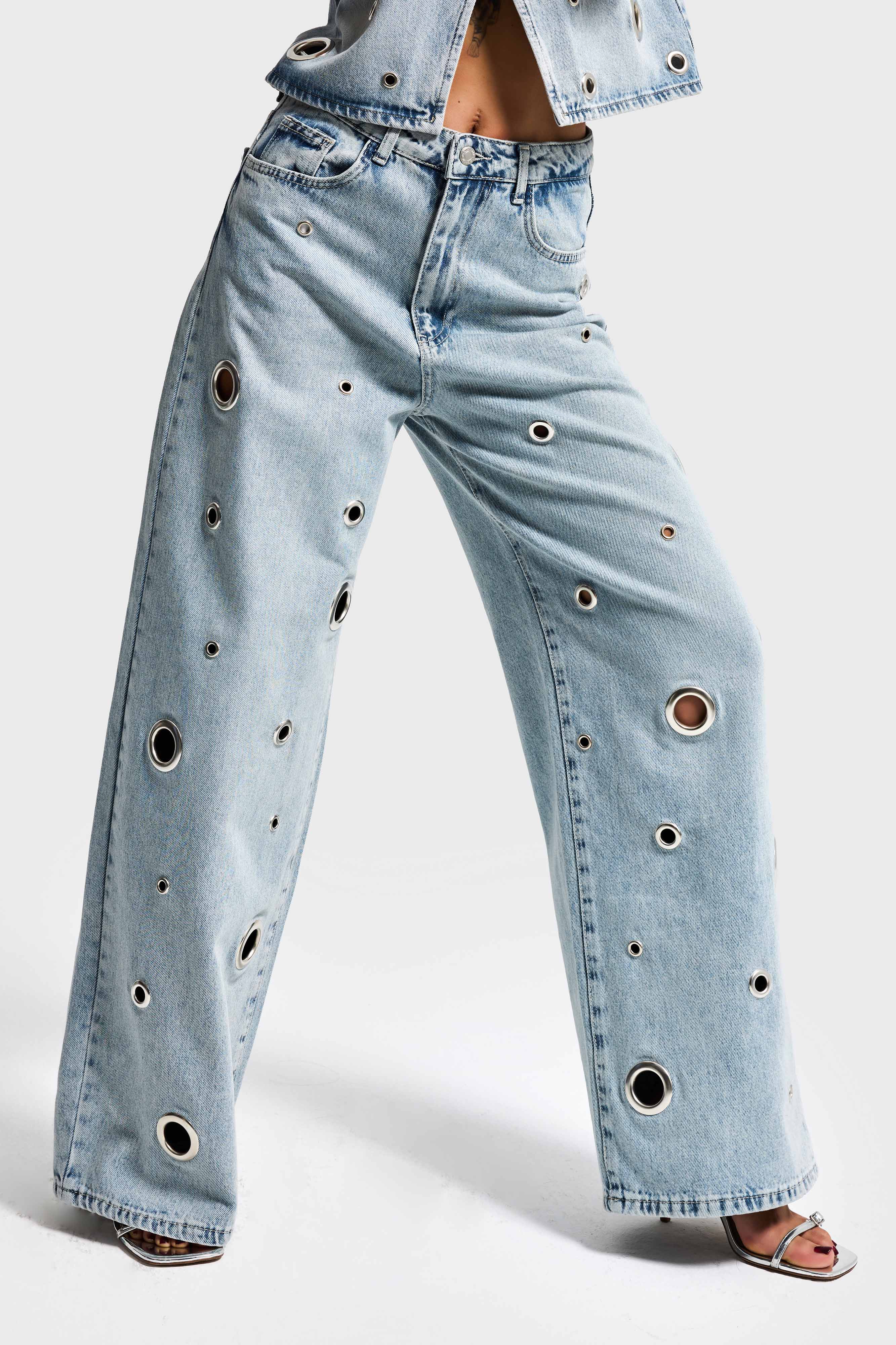 Women's Ice Baggy Fit Eyelet Detail Denim Jeans