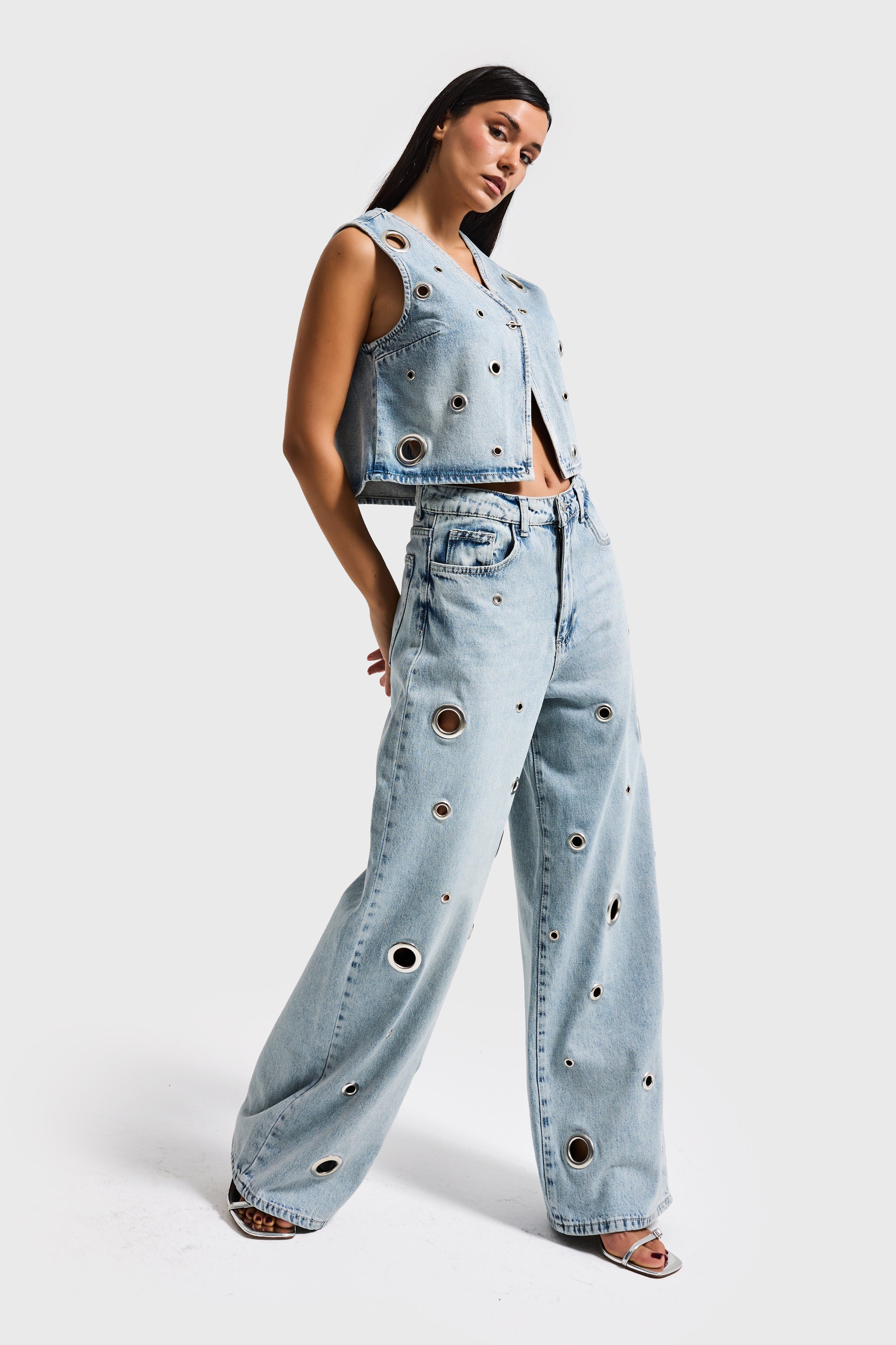 Women's Ice Baggy Fit Eyelet Detail Denim Jeans