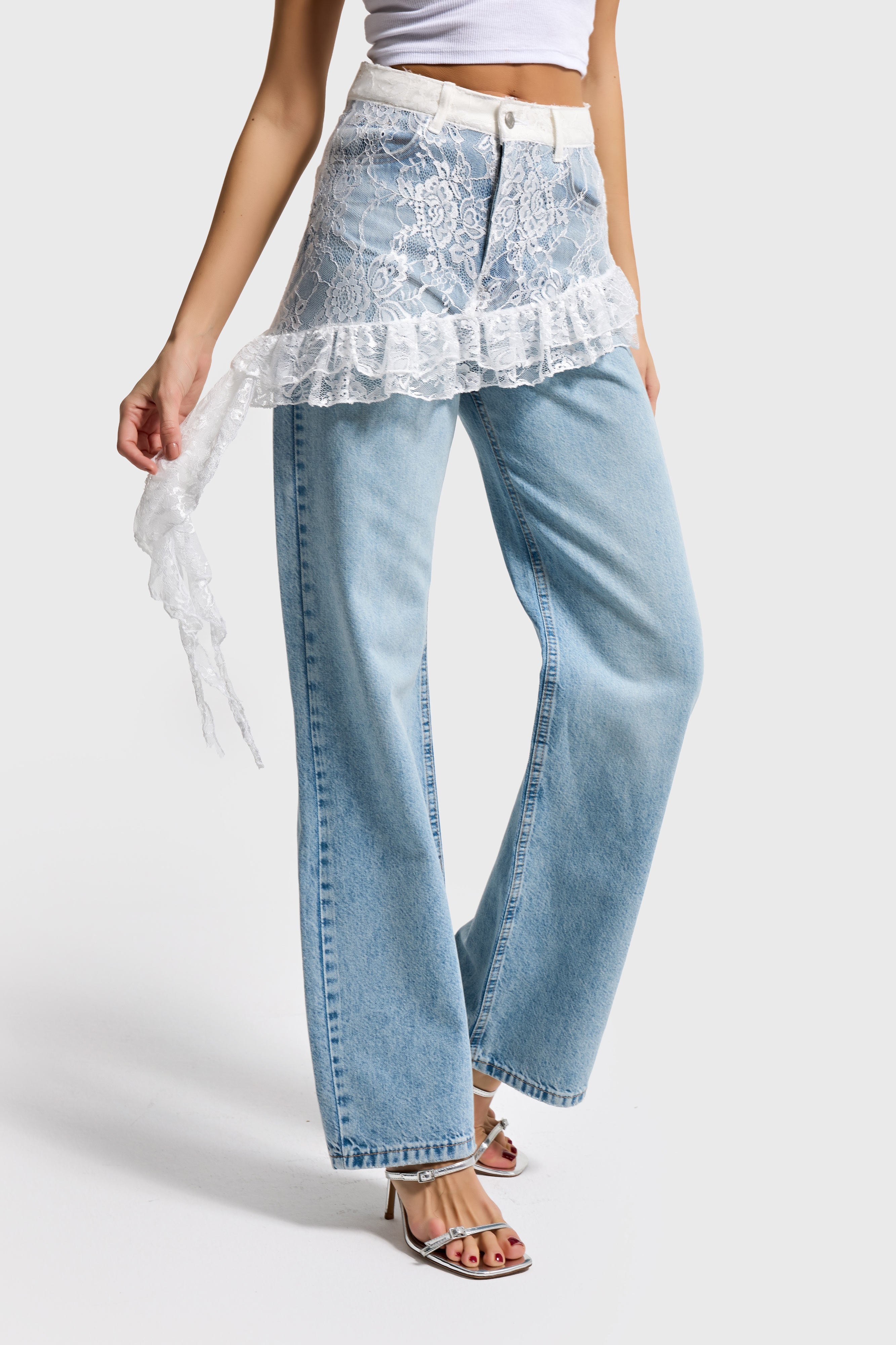 Kadın Ice Kot Rengi 4s5-99 Straight Fit %100 Koton Dantel Detaylı Etek Özel Tasarım Denim Jean