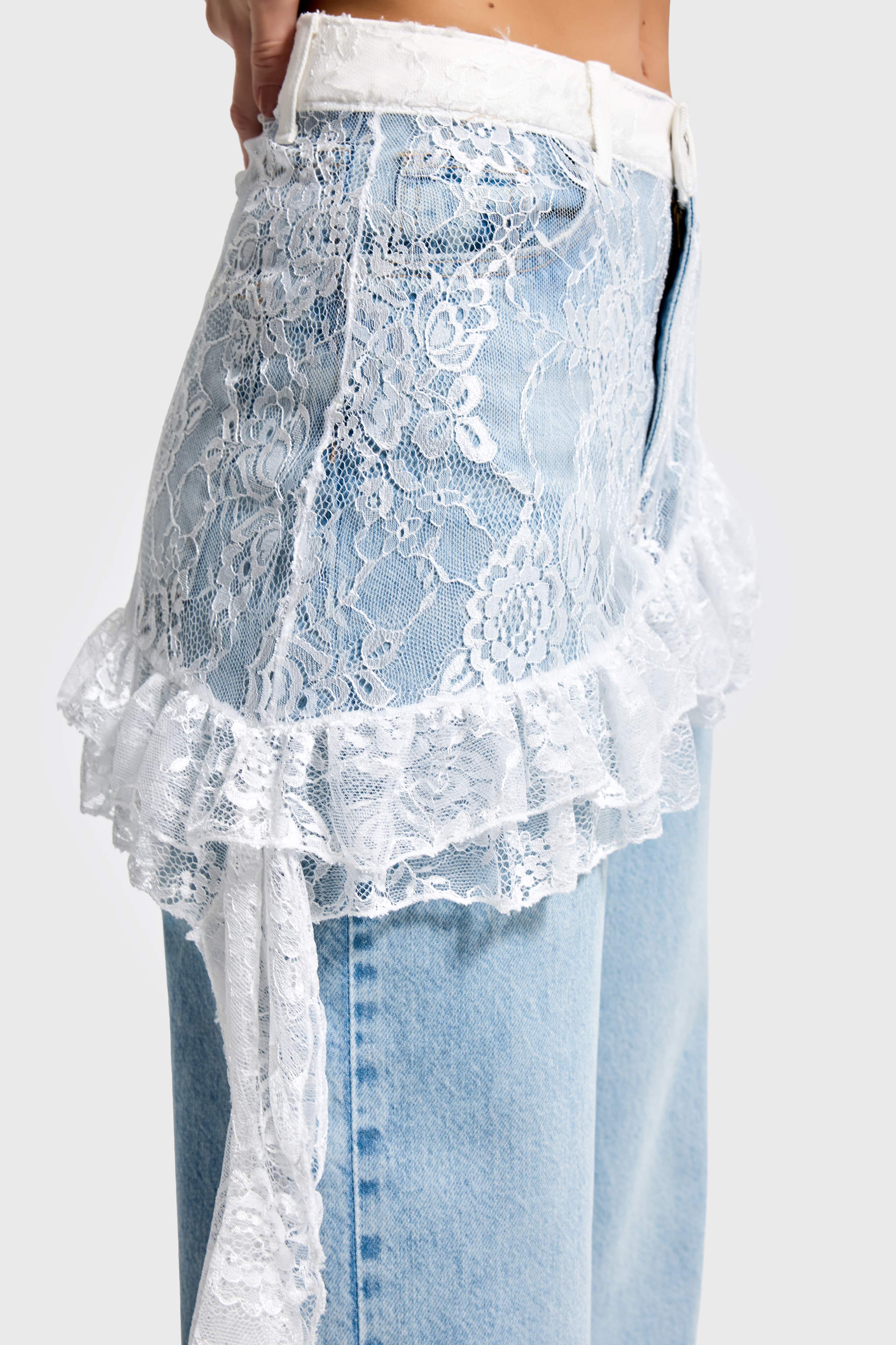 Kadın Ice Kot Rengi 4s5-99 Straight Fit %100 Koton Dantel Detaylı Etek Özel Tasarım Denim Jean