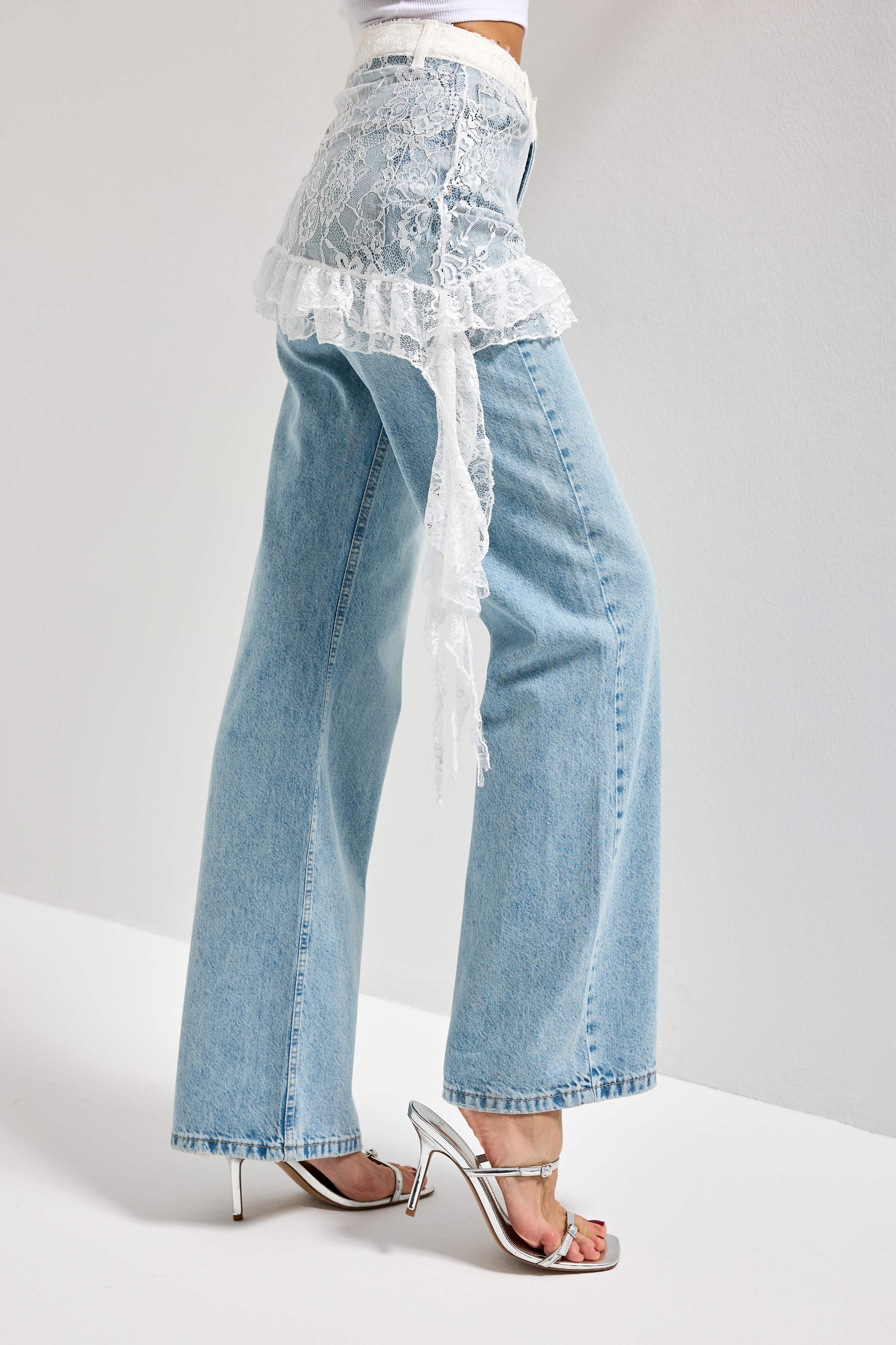 Kadın Ice Kot Rengi 4s5-99 Straight Fit %100 Koton Dantel Detaylı Etek Özel Tasarım Denim Jean