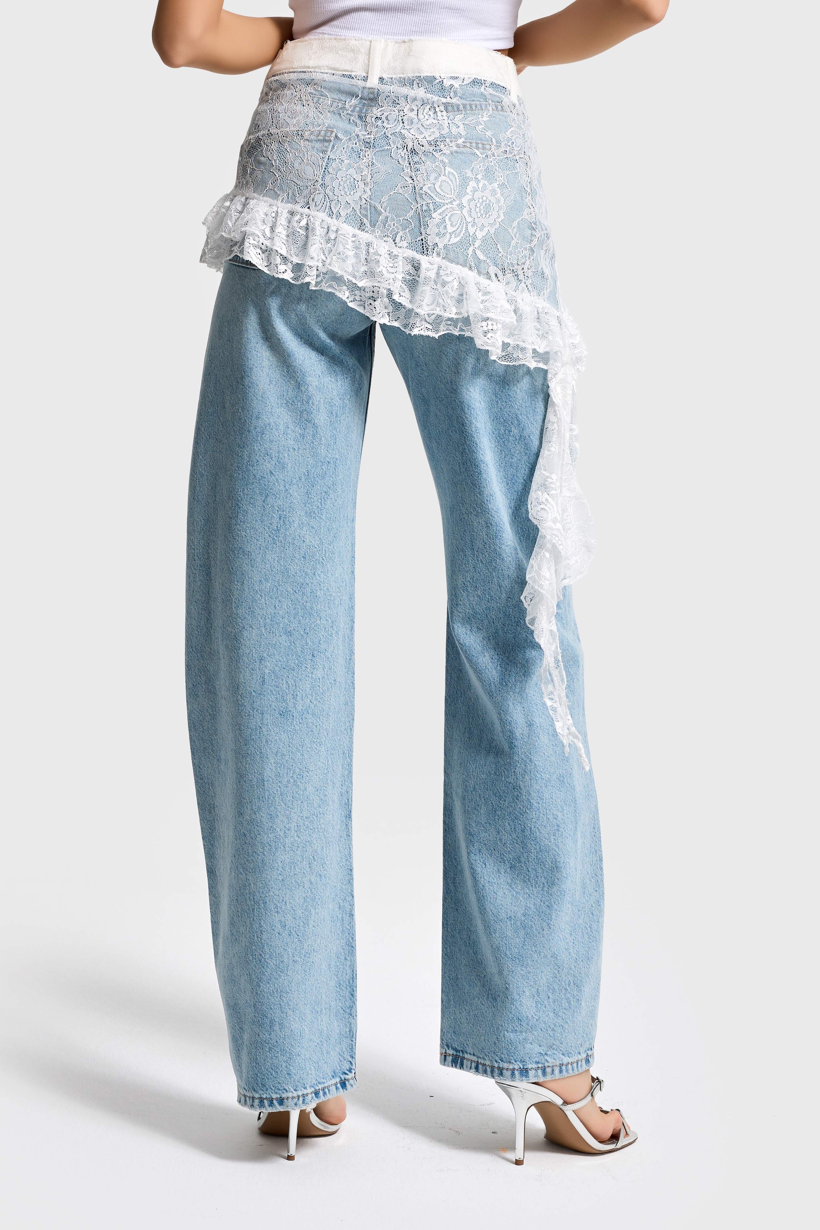 Kadın Ice Kot Rengi 4s5-99 Straight Fit %100 Koton Dantel Detaylı Etek Özel Tasarım Denim Jean