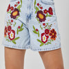 Women's Ice Blue Denim Shorts with Red Floral Embroidery, Midi Length, 100% Cotton, Relaxed Fit Design