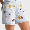 Women's Ice Blue Denim Shorts with 3s5-3 Colorful Floral Embroidery, Midi Length, Relaxed Fit, 100% Cotton Design