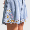 Women's Ice Blue Denim Shorts with Colorful Floral Embroidery, Midi Length, Viscose Fabric Design