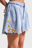 Women's Ice Blue Denim Shorts with Colorful Floral Embroidery, Midi Length, Viscose Fabric Design