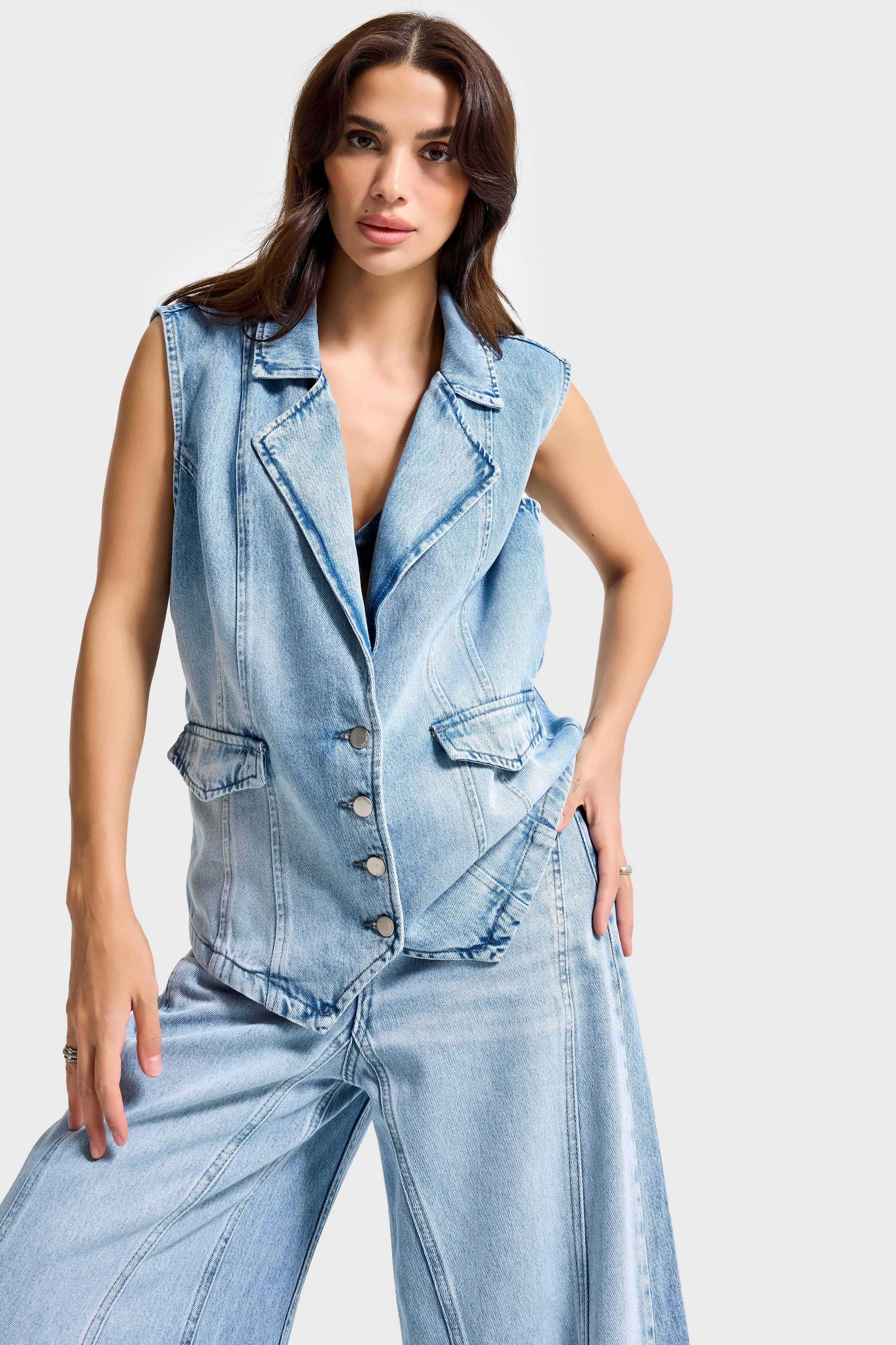 Kadın Ice Kot Rengi 4s6-27 Önü Düğmeli Yakalı Sıfır Kol Maxi Boy Denim Yelek