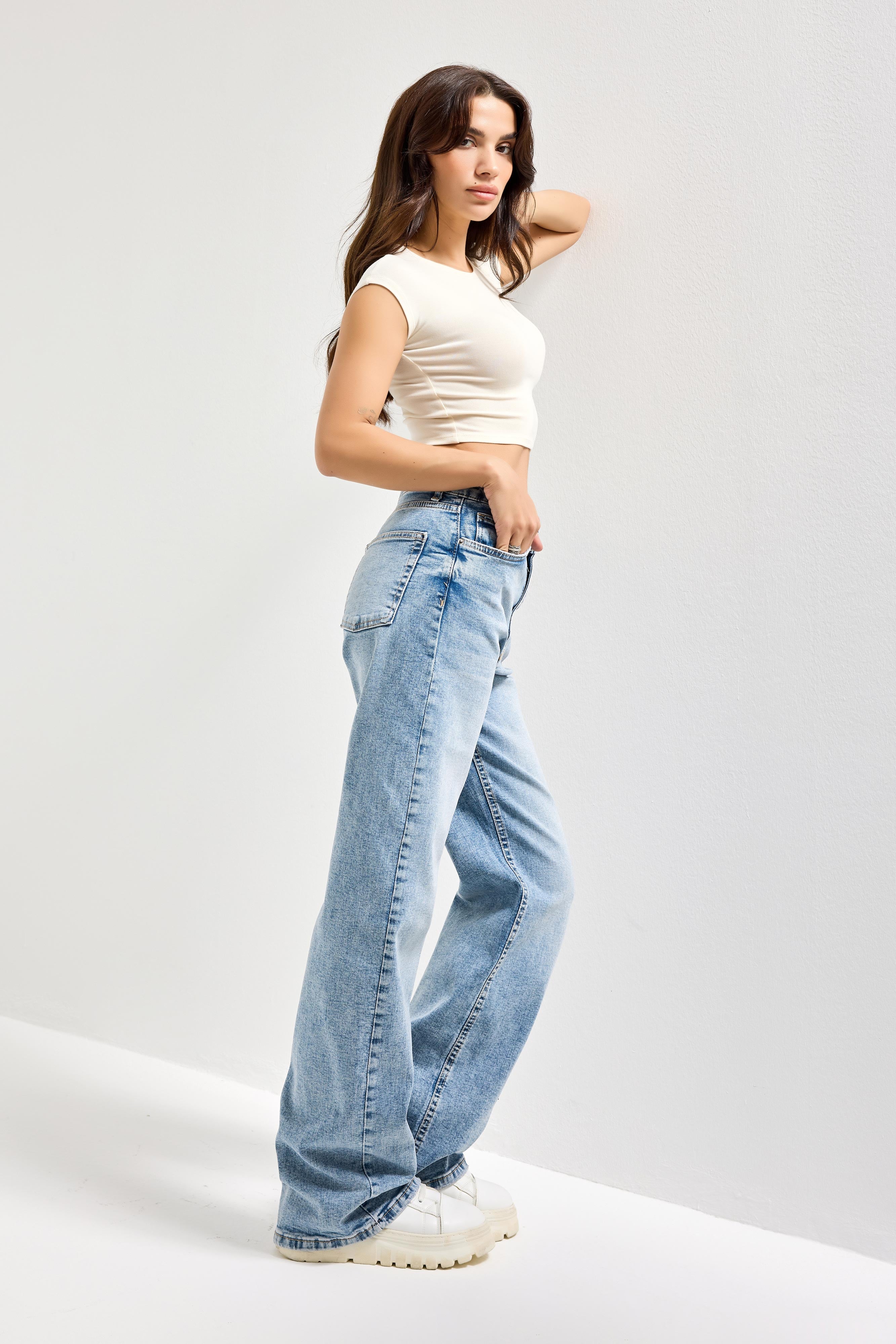 Kadın Ice Kot Rengi 4s6-99 Straight Fit Yüksek Bel Elastan Kumaş Denim Jean