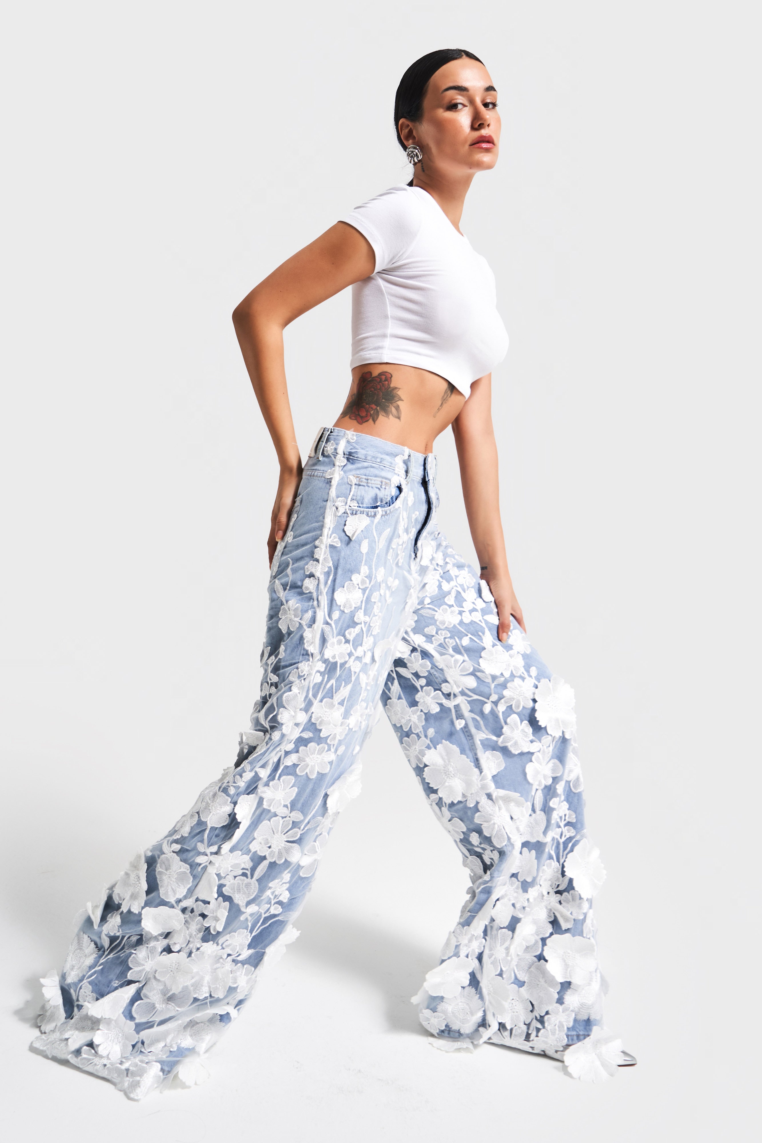 Kadın Ice Kot Rengi Çiçek Dantel Tül Detaylı Palazzo Fit Özel Tasarım Denim Jean