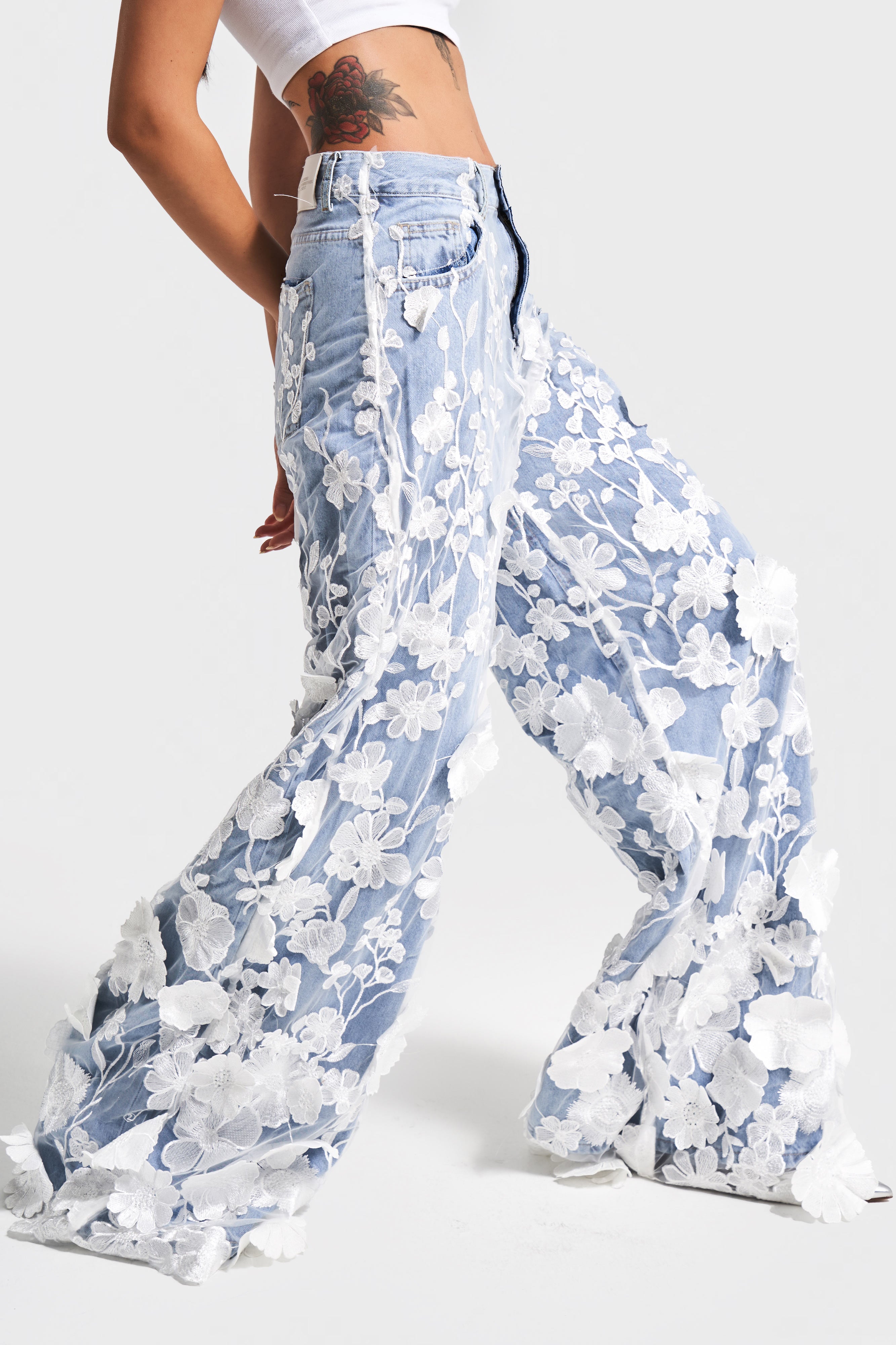 Kadın Ice Kot Rengi Çiçek Dantel Tül Detaylı Palazzo Fit Özel Tasarım Denim Jean