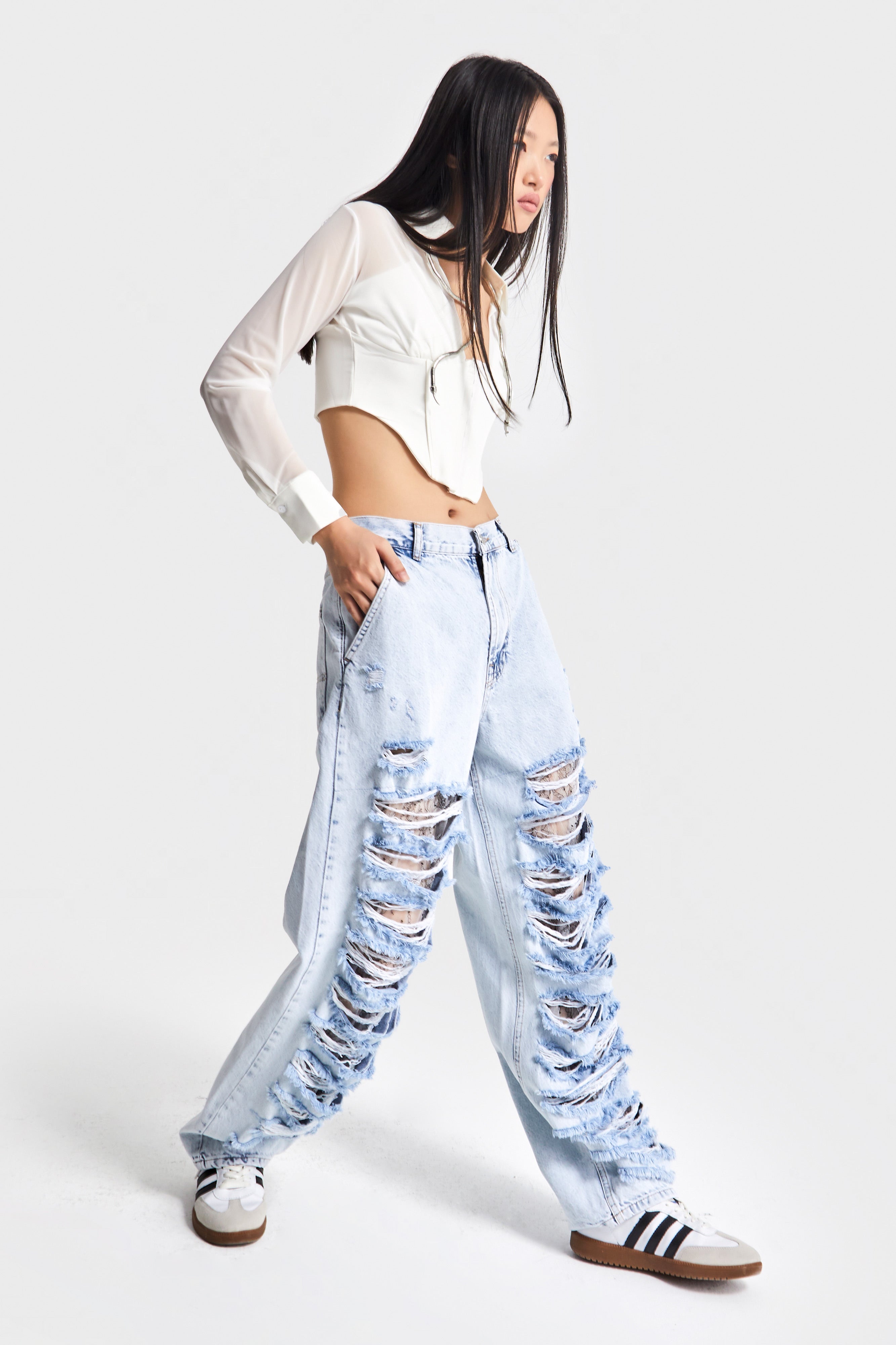 Kadın Ice Kot Rengi D-11s5-100 Skater Fit Dantel Yırtık Detaylı Tasarım Denim Jean