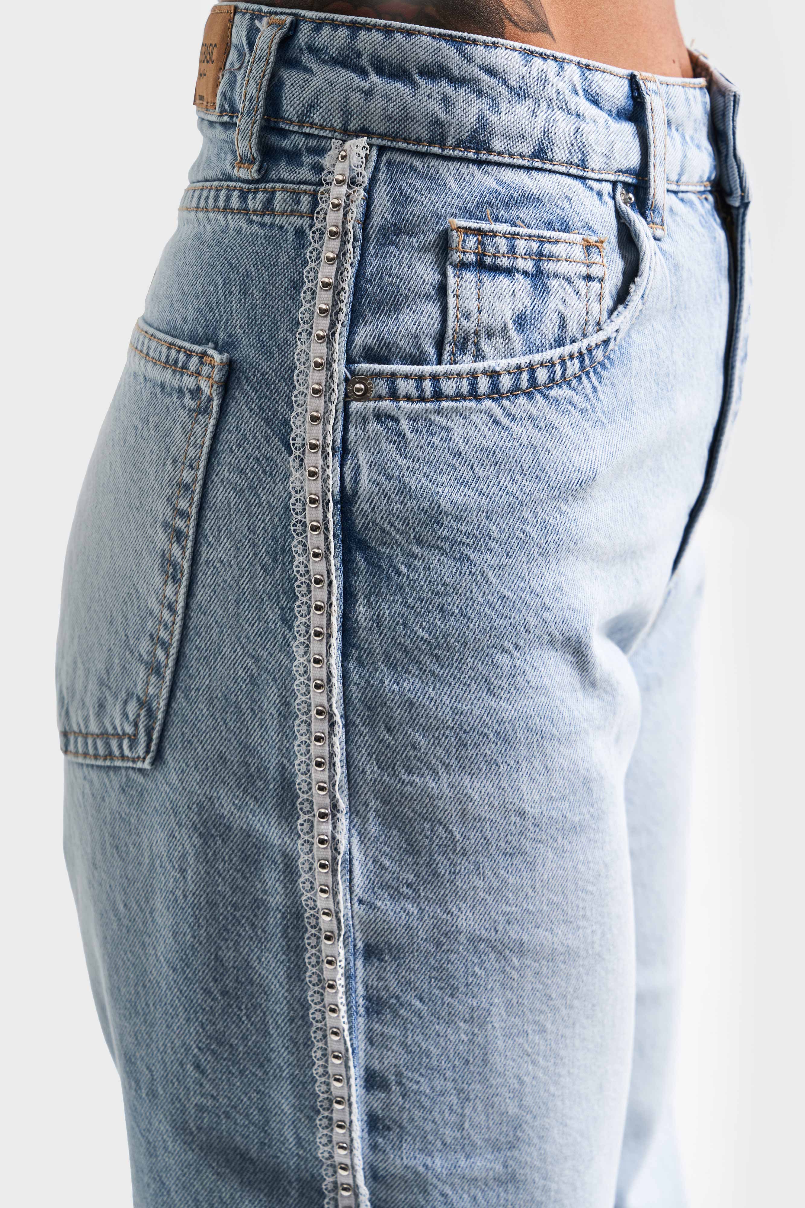 Kadın Ice Kot Rengi D-4S5-3 Straight Fit %100 Koton Yandan Dantelli Şerit Detaylı Tasarım Denim Jean