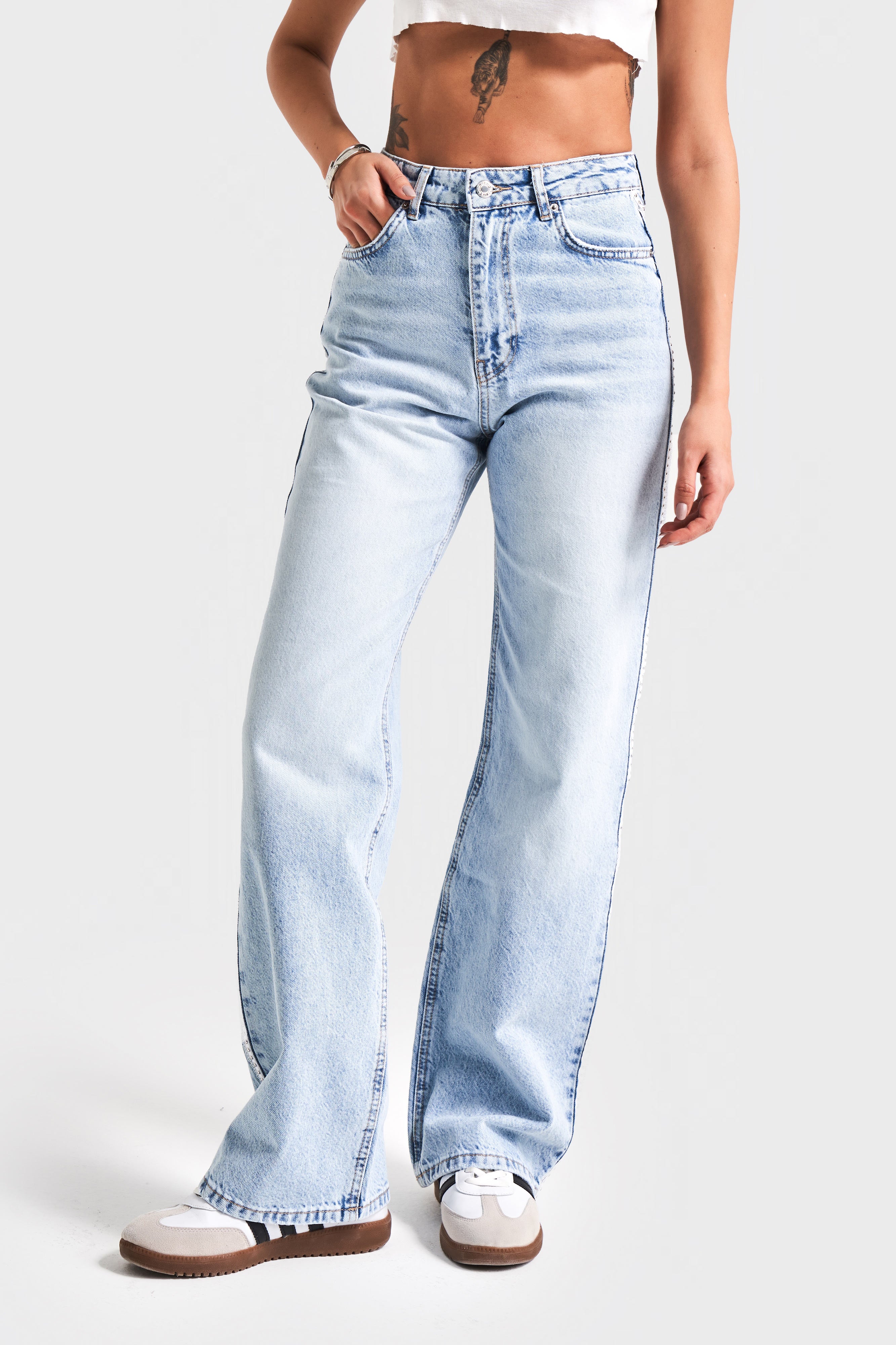 Kadın Ice Kot Rengi D-4S5-3 Straight Fit %100 Koton Yandan Dantelli Şerit Detaylı Tasarım Denim Jean