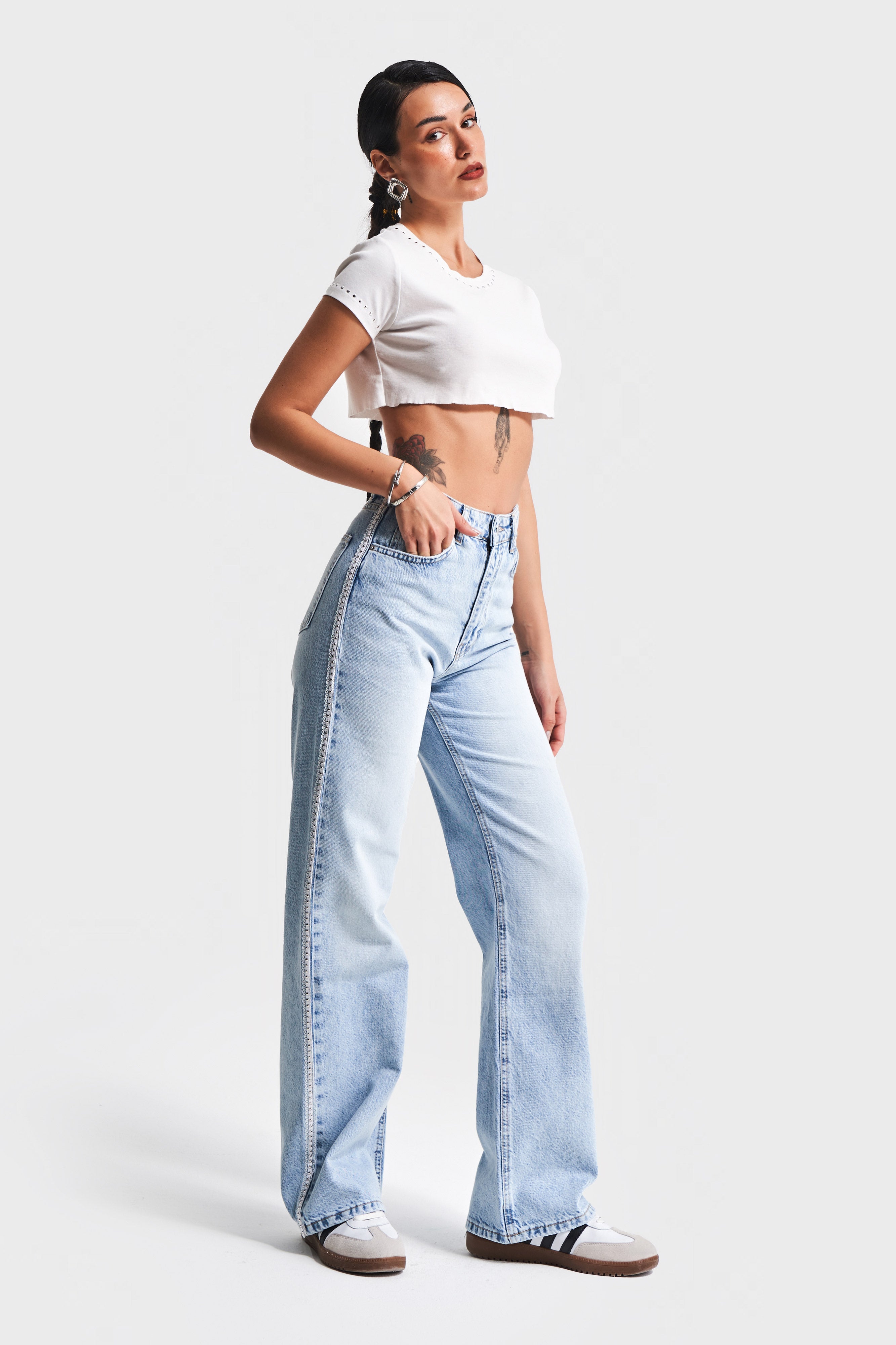 Kadın Ice Kot Rengi D-4S5-3 Straight Fit %100 Koton Yandan Dantelli Şerit Detaylı Tasarım Denim Jean