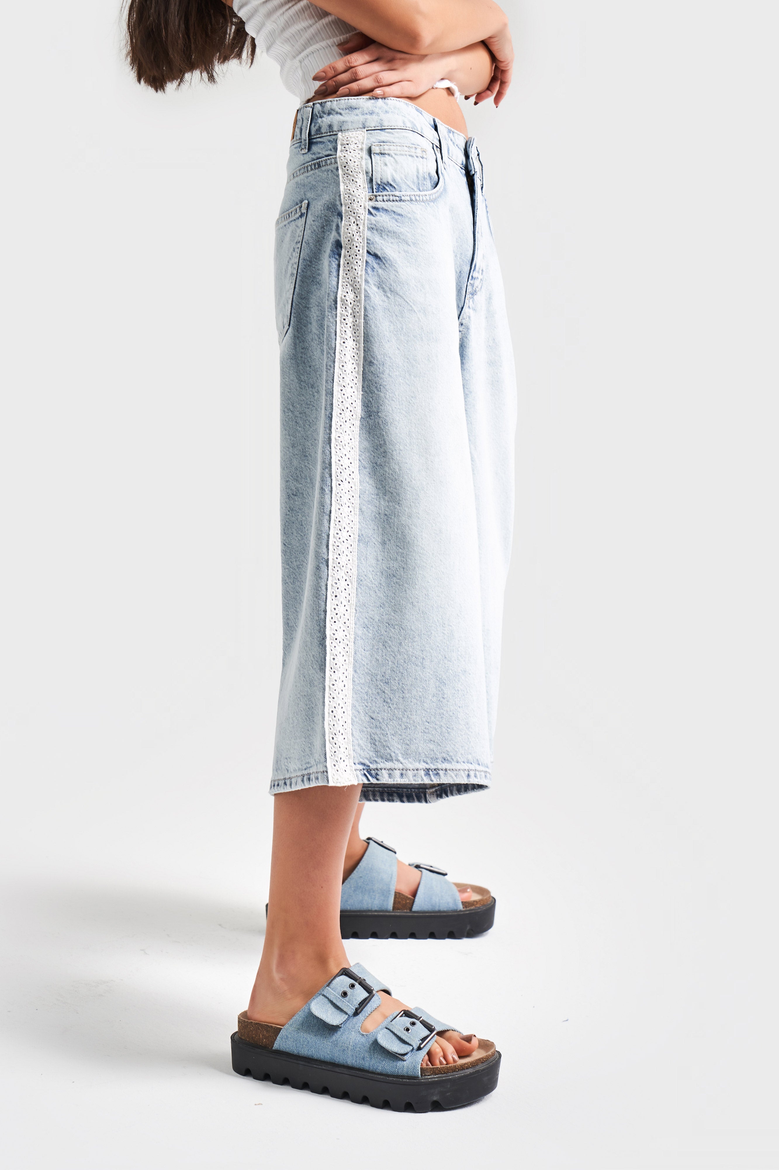 Kadın Ice Kot Rengi D-4S5-3 Süper Baggy Fit Dantel Şeritli Maxi Boy Denim Şort