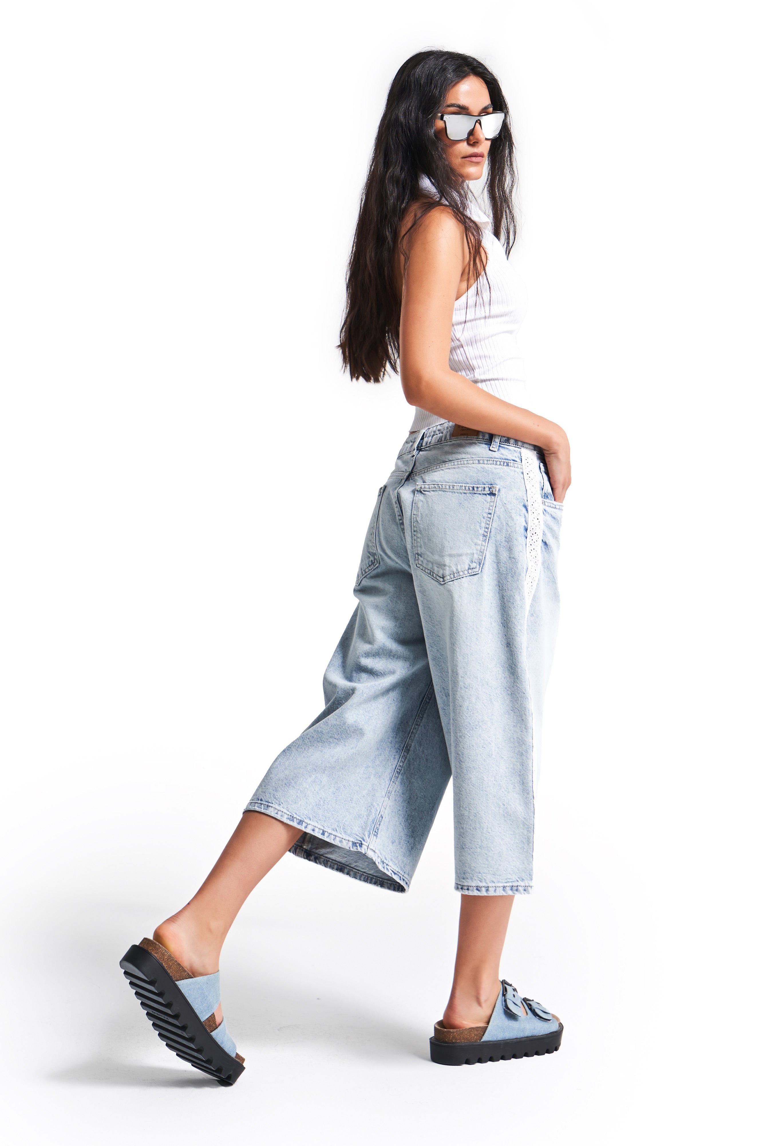 Kadın Ice Kot Rengi D-4S5-3 Süper Baggy Fit Dantel Şeritli Maxi Boy Denim Şort
