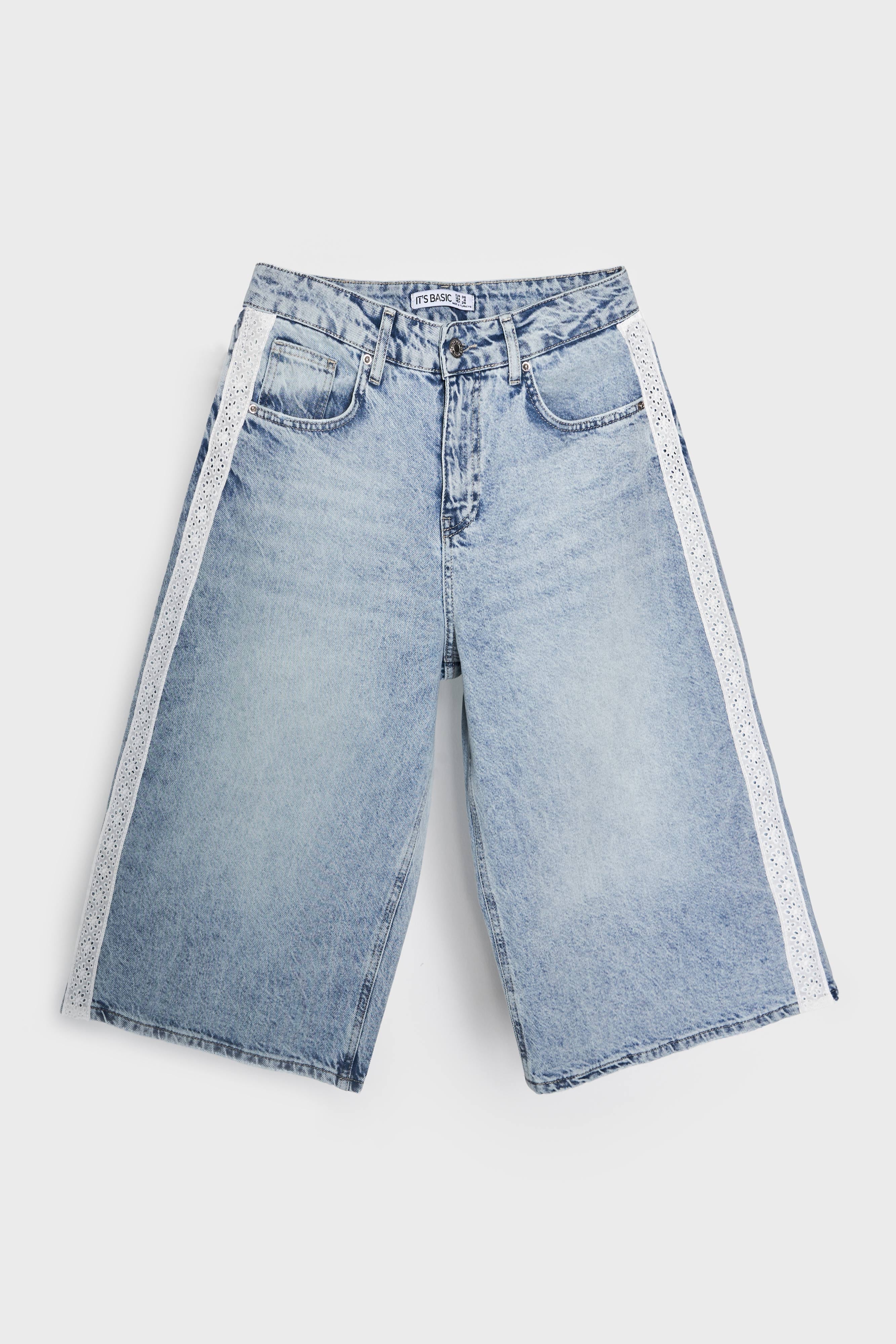 Kadın Ice Kot Rengi D-4S5-3 Süper Baggy Fit Dantel Şeritli Maxi Boy Denim Şort