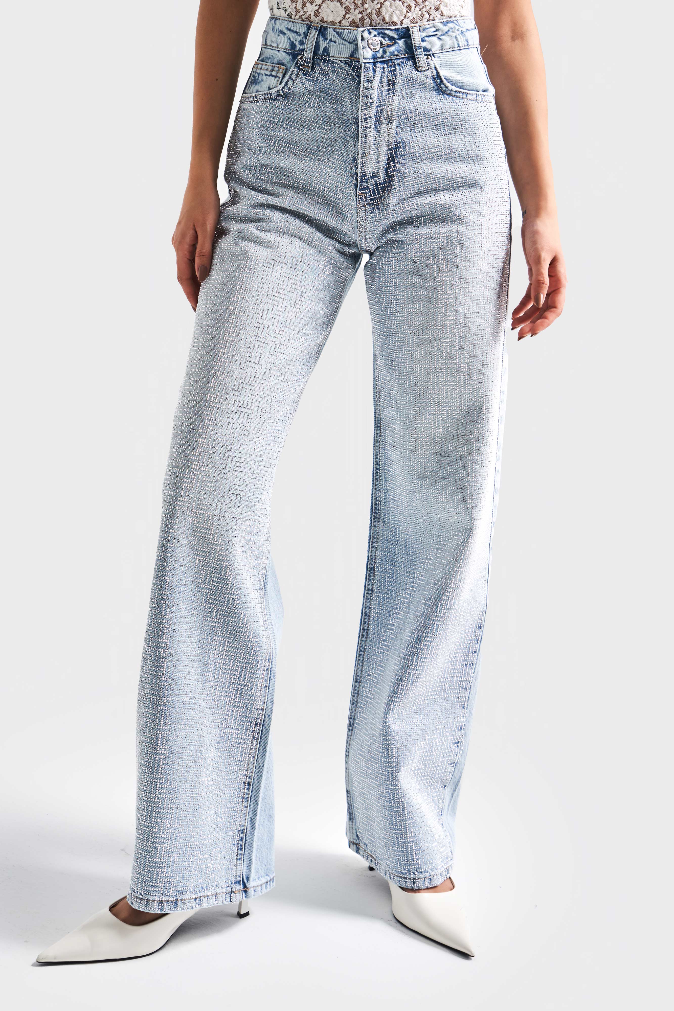 Kadın Ice Kot Rengi T-4S5-3 Straight Fit Yüksek Bel Parlak Taşlı Tasarım Denim Jean