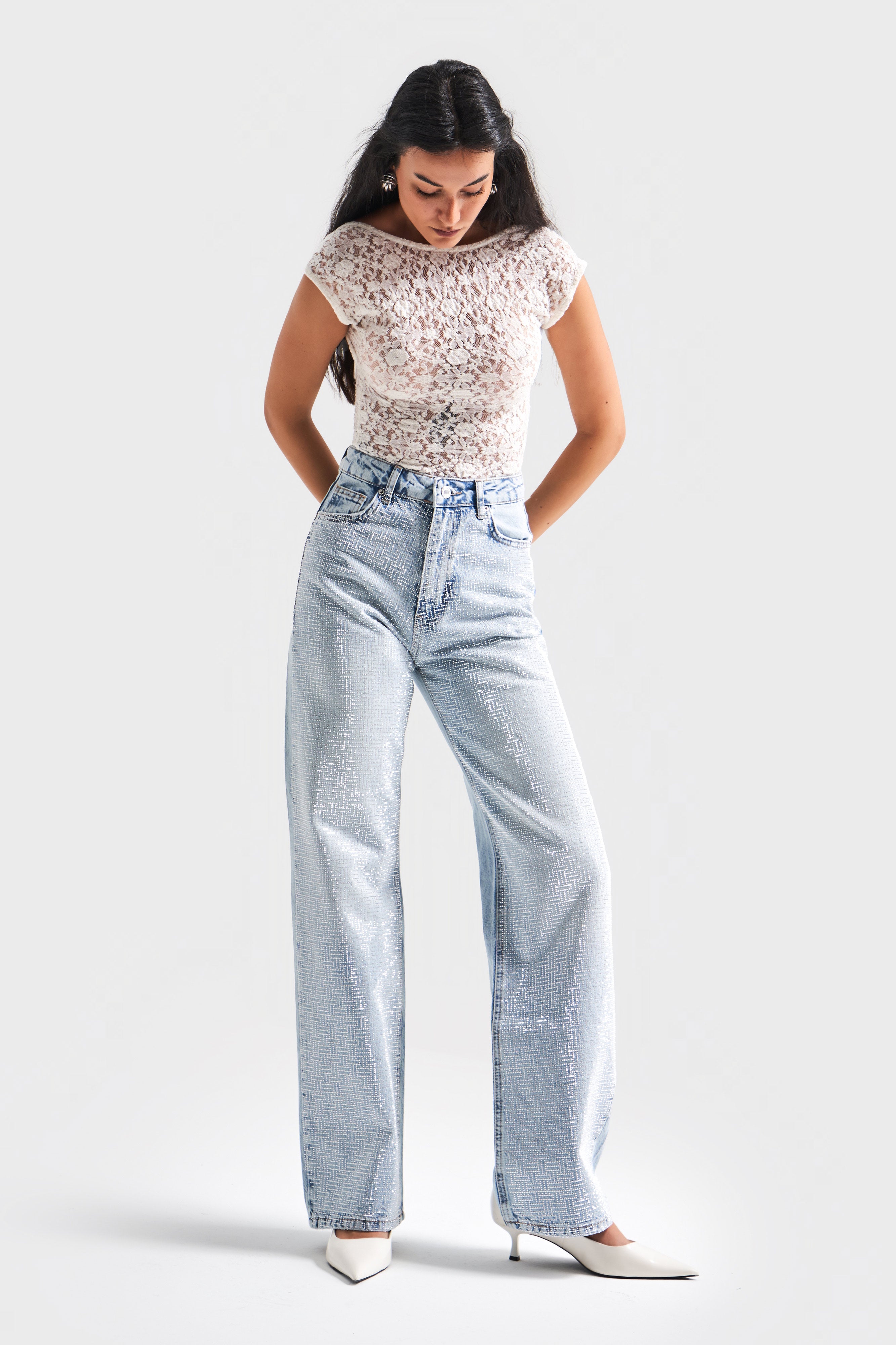 Kadın Ice Kot Rengi T-4S5-3 Straight Fit Yüksek Bel Parlak Taşlı Tasarım Denim Jean