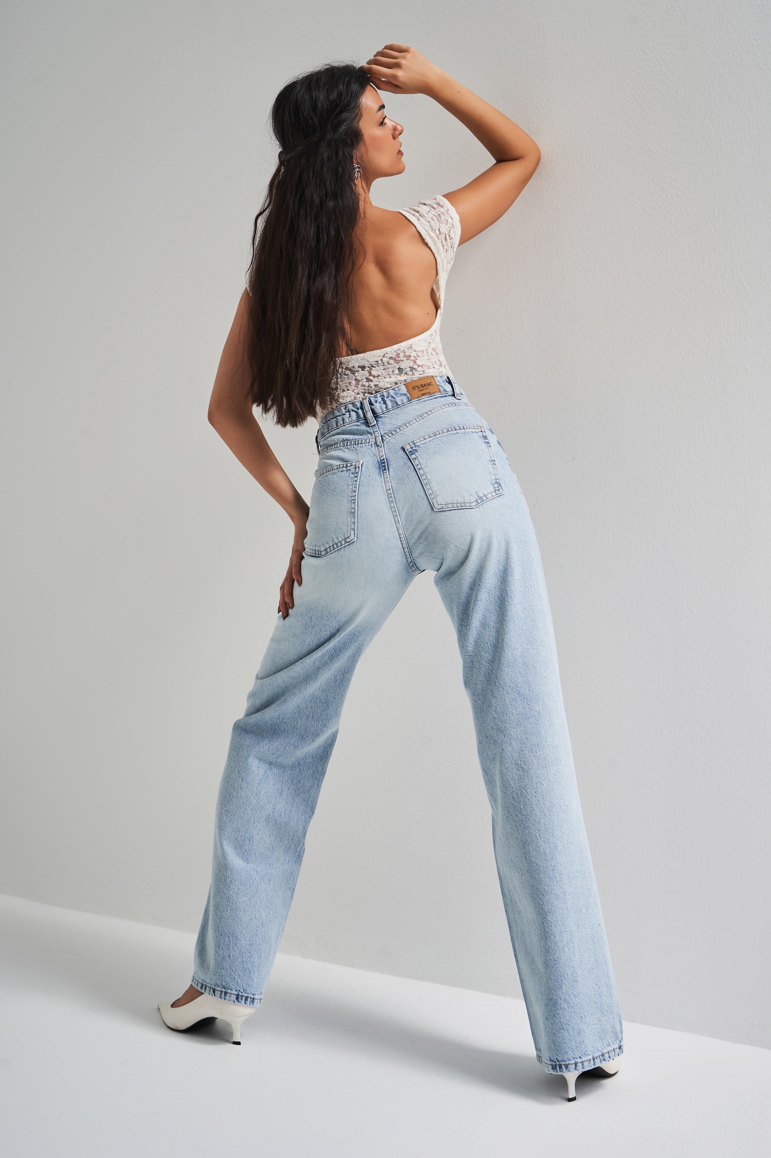 Kadın Ice Kot Rengi T-4S5-3 Straight Fit Yüksek Bel Parlak Taşlı Tasarım Denim Jean