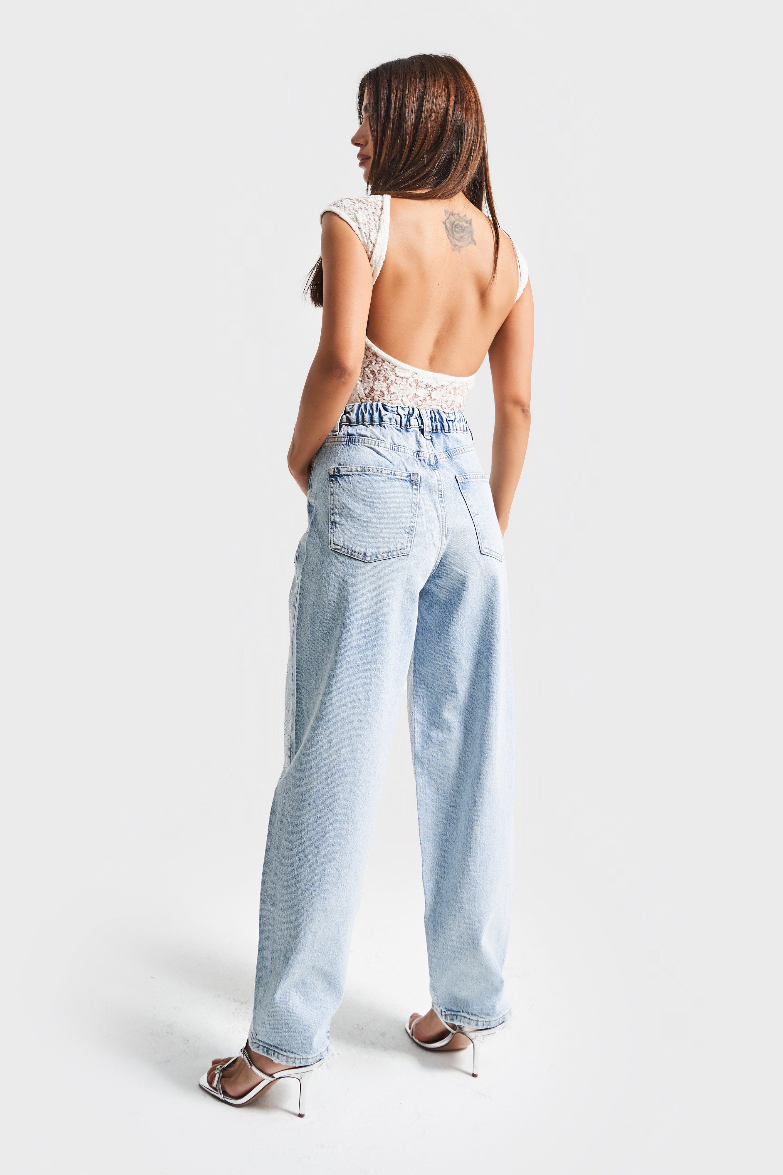 Kadın Ice Kot Rengi T-4w5-3 Skater Fit Önü Parlak Taşlı İç Boy 77cm Özel Tasarım Denim Jean