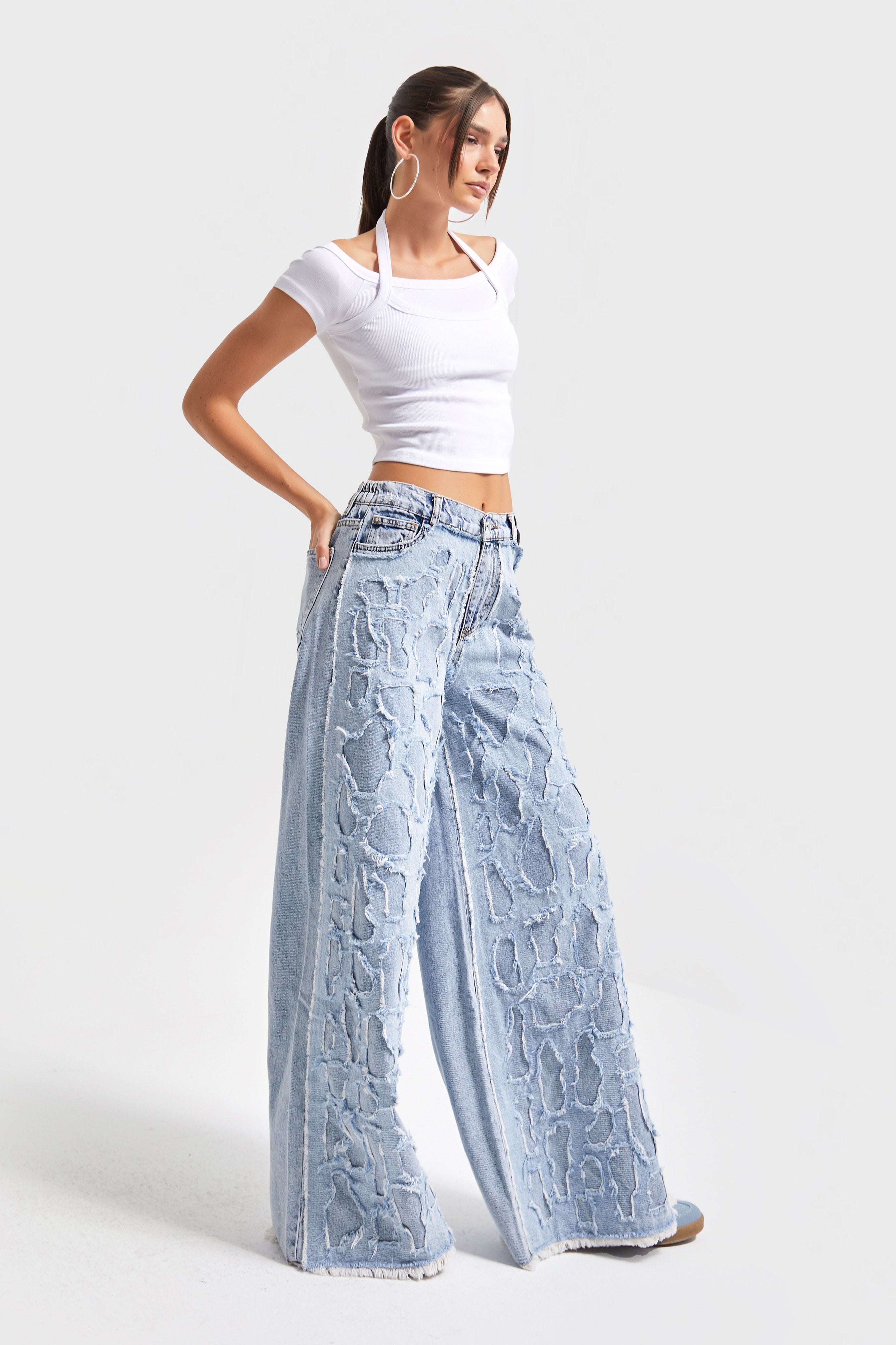 Kadın Ice Kot Rengi Yıpratma Detaylı Kumaş Özel Tasarım Palazzo Fit %100 Koton Denim Jean