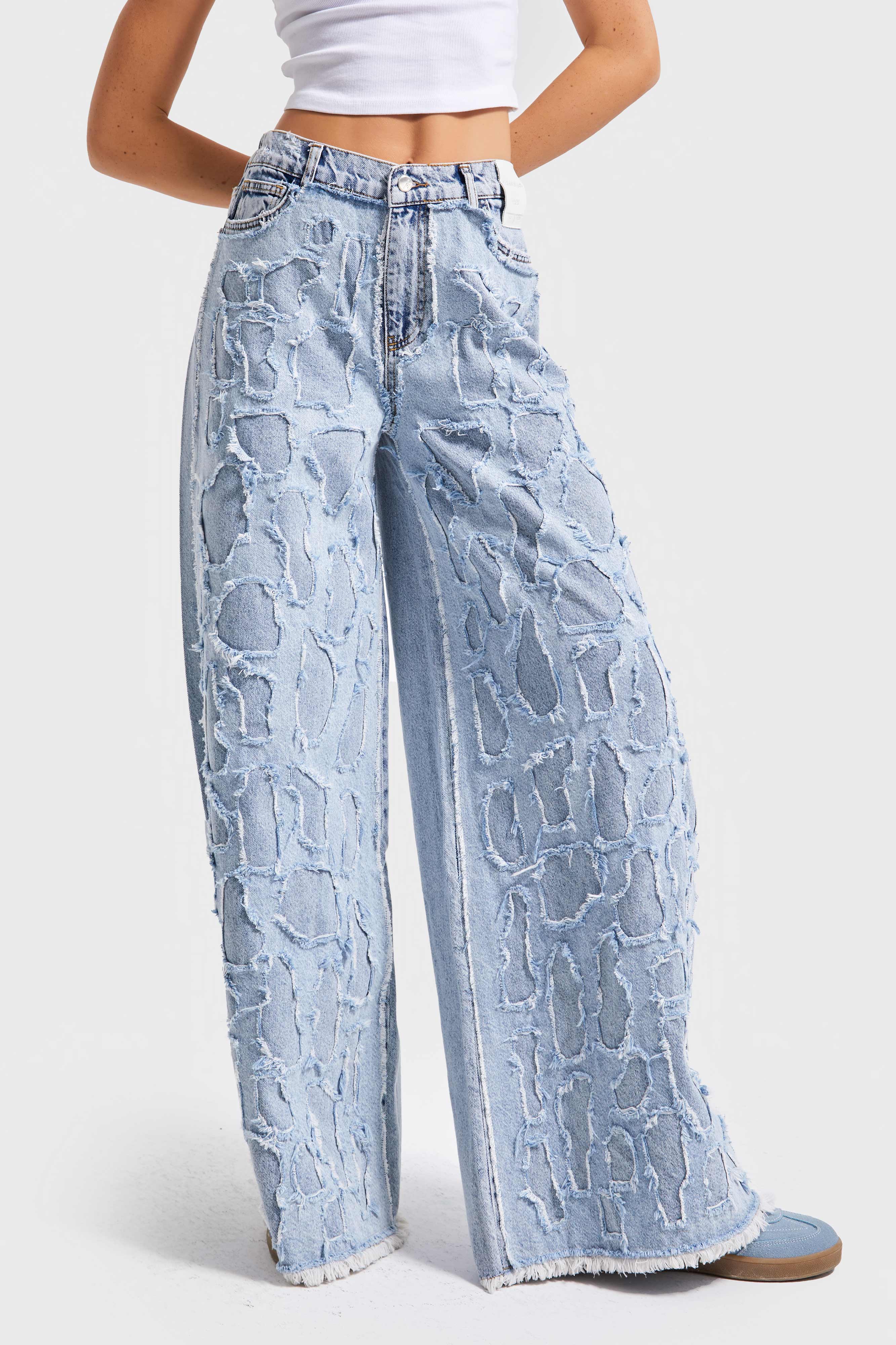 Kadın Ice Kot Rengi Yıpratma Detaylı Kumaş Özel Tasarım Palazzo Fit %100 Koton Denim Jean