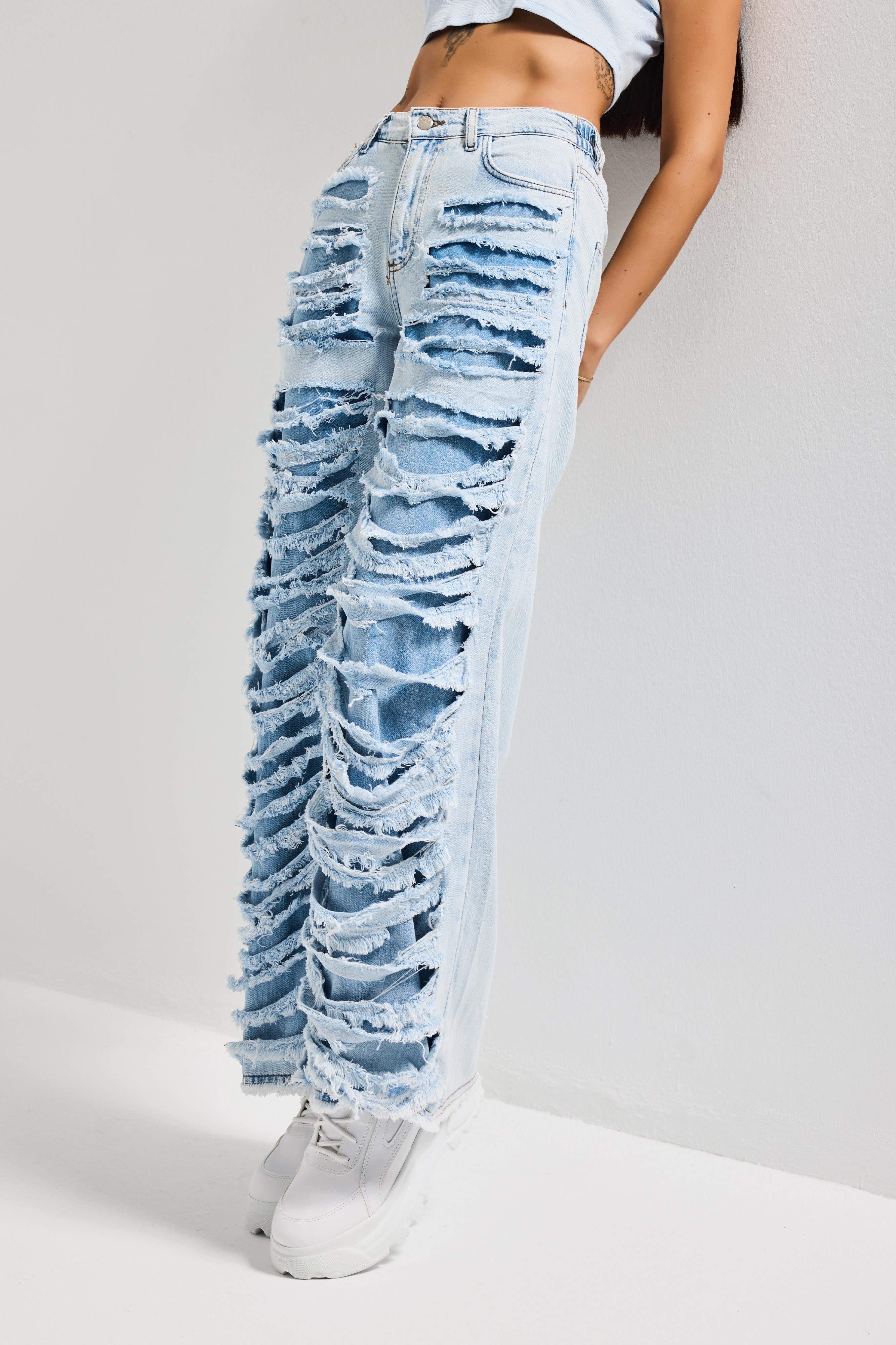 Kadın Ice Kot Straight Fit Yırtık Detaylı Özel Tasarım Denim Jean