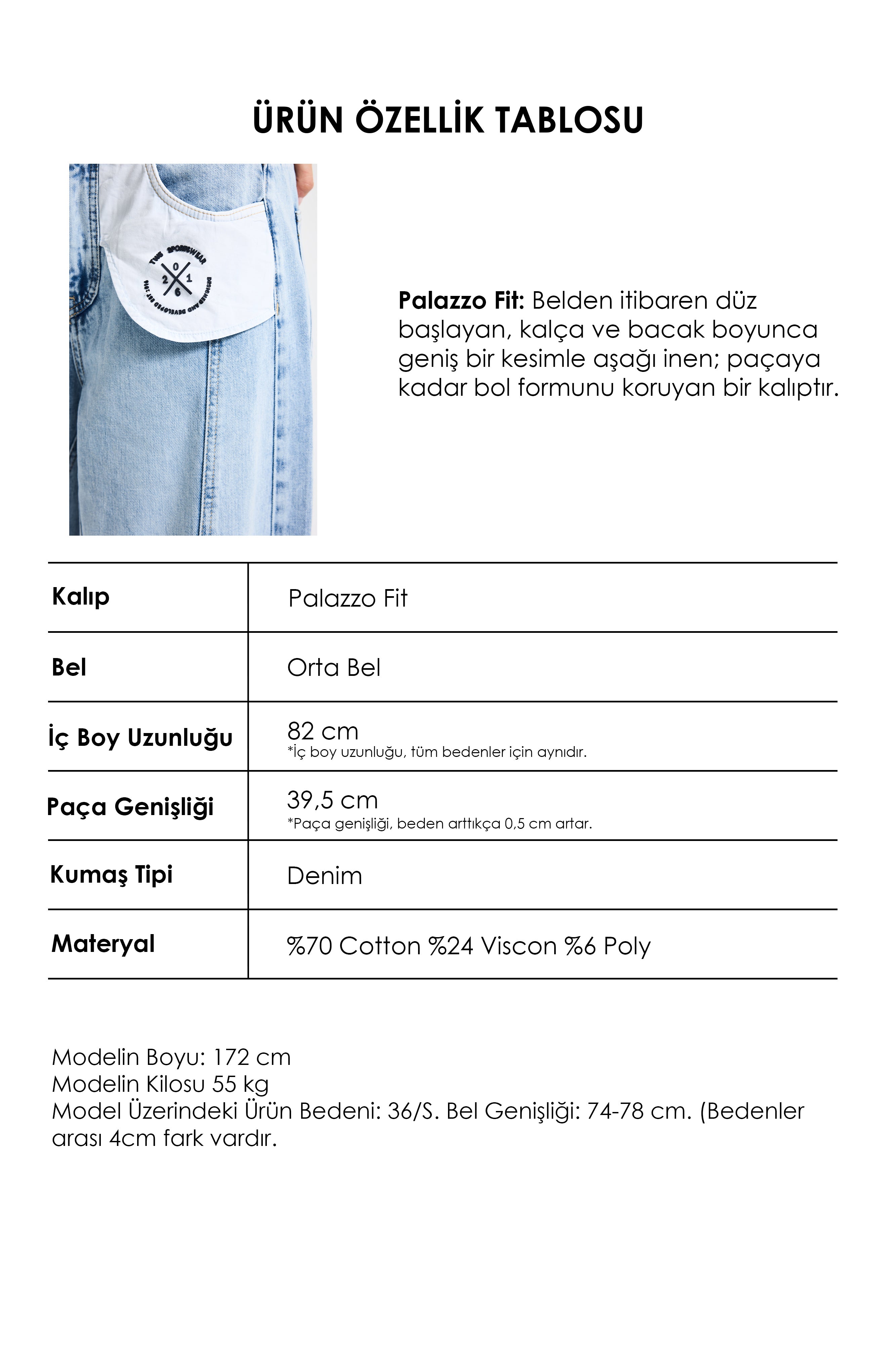 Kadın Ice Palazzo Fit Özel Tasarım Denim Jean