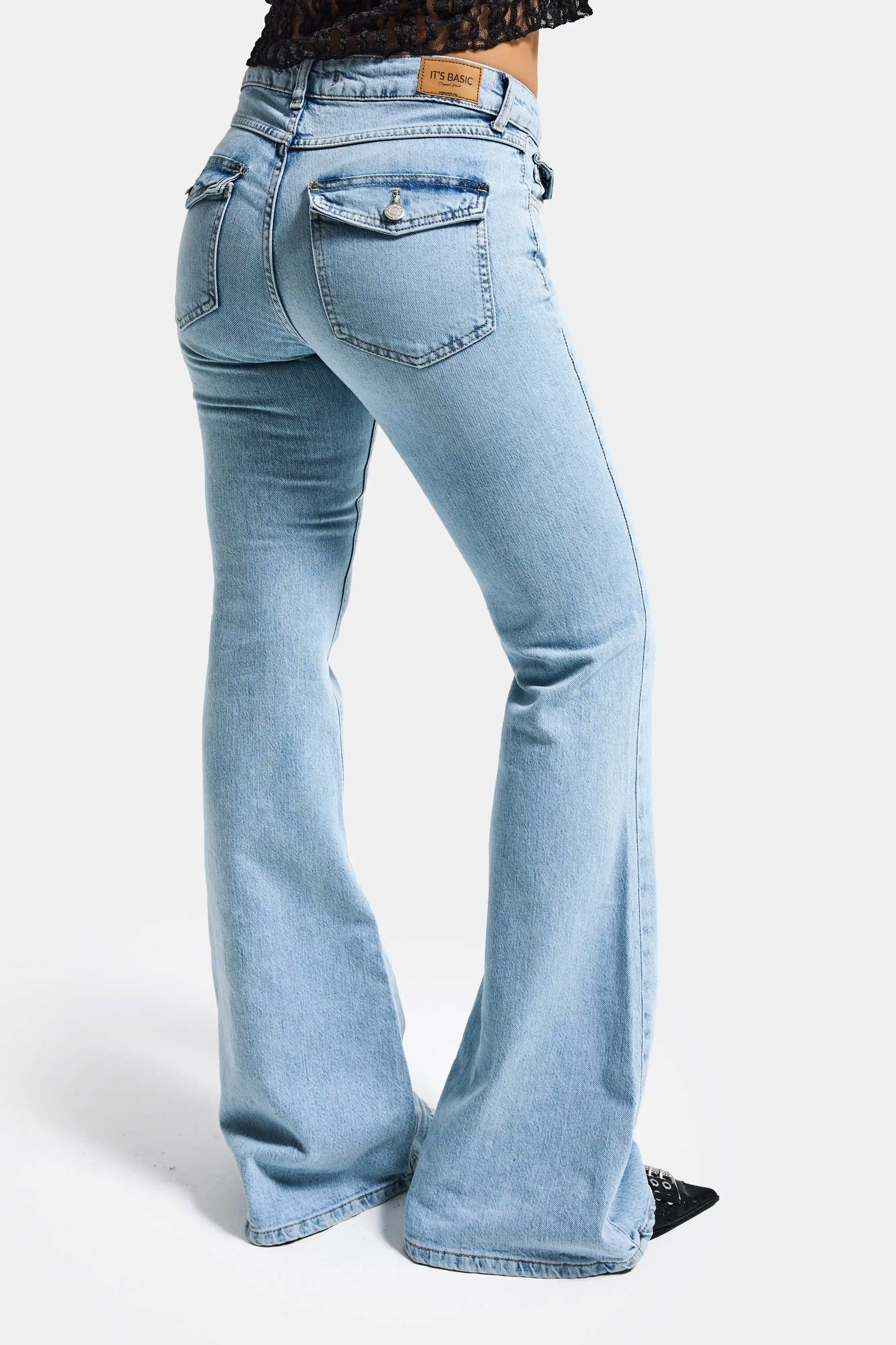 ジェントルイス　Resin Coated Flare Denim Women Ice Blue 4s6-3 SLN05 Mid Rise Flare Fit Super Stretch Fabric Ins