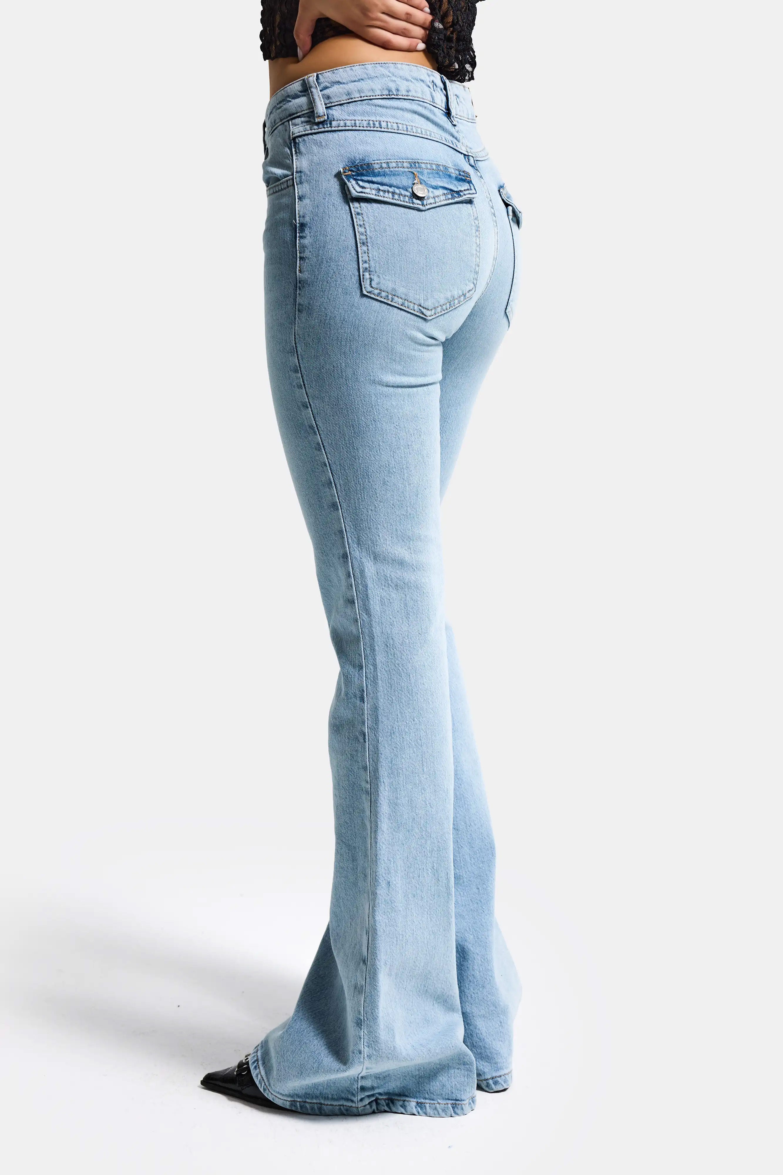 Kadın Ice Rengi 4s6-3 Mide Rise Flare Fit Süper Esnek Kumaş İç Boy 83cm Denim Jean