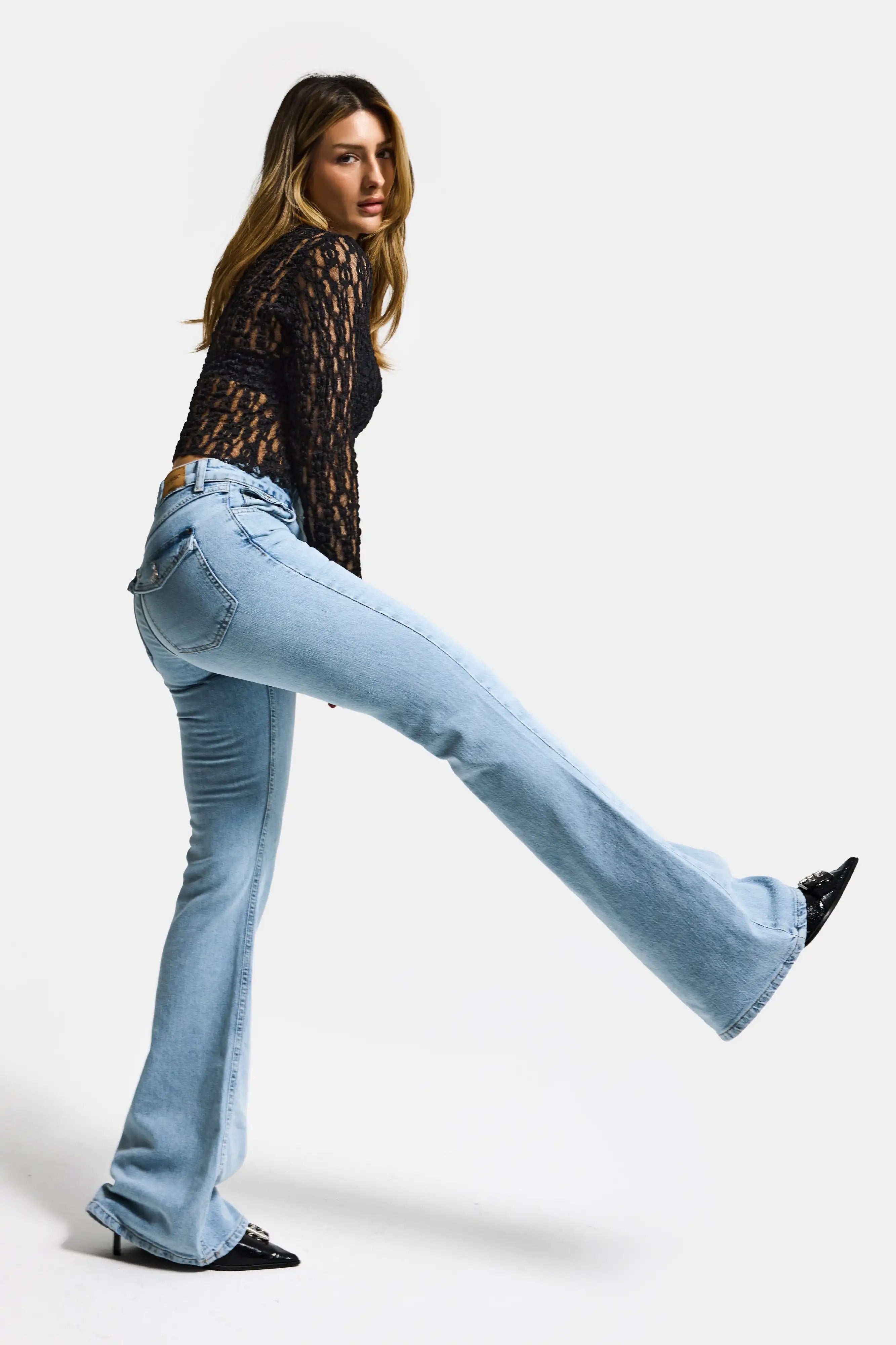 ジェントルイス　Resin Coated Flare Denim Women Ice Blue 4s6-3 SLN05 Mid Rise Flare Fit Super Stretch Fabric Ins