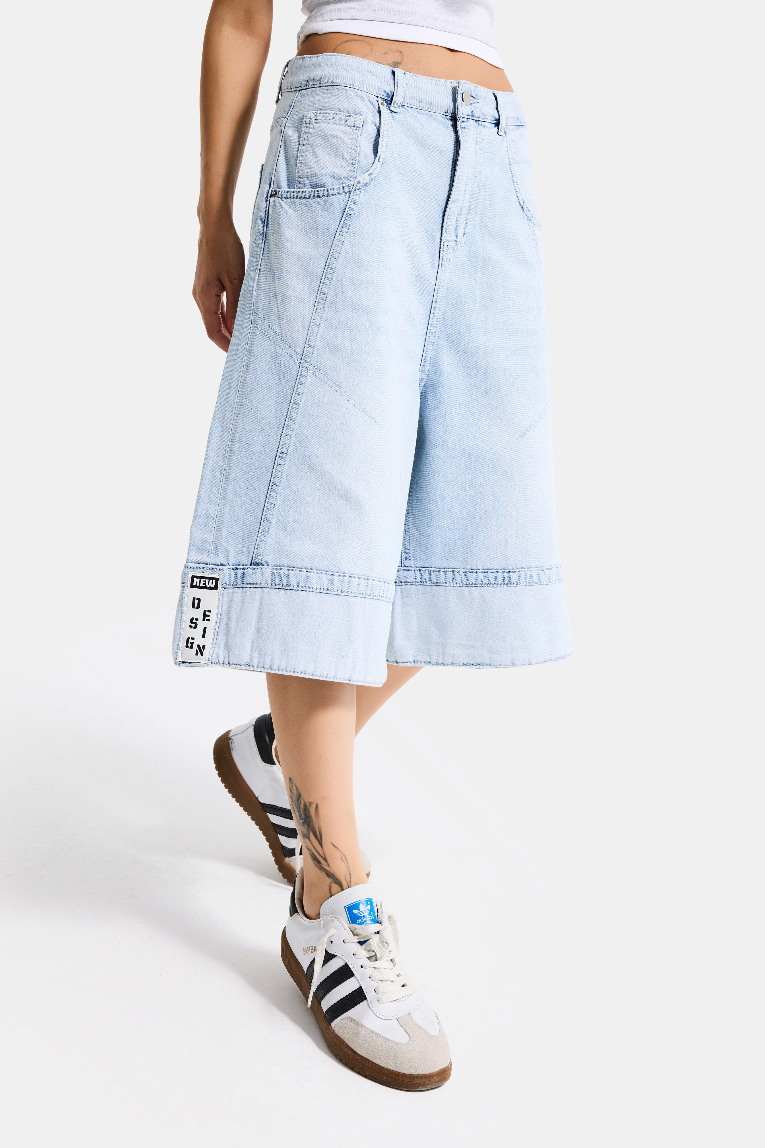 Kadın Ice Renk 4s6-3 Baggy Fit Maxi Boy Özel Tasarım Denim Bermuda Şort