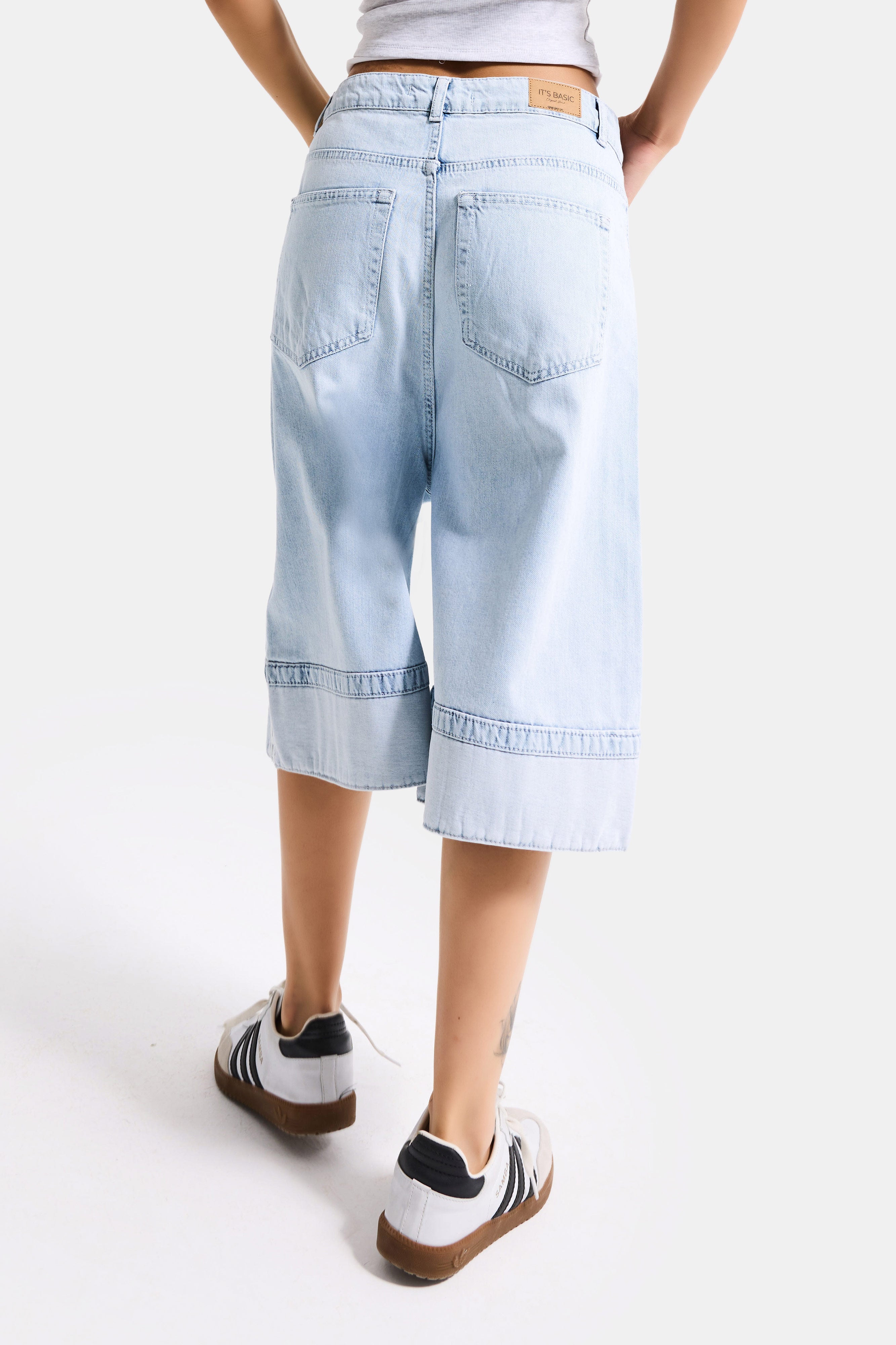 Kadın Ice Renk 4s6-3 Baggy Fit Maxi Boy Özel Tasarım Denim Bermuda Şort