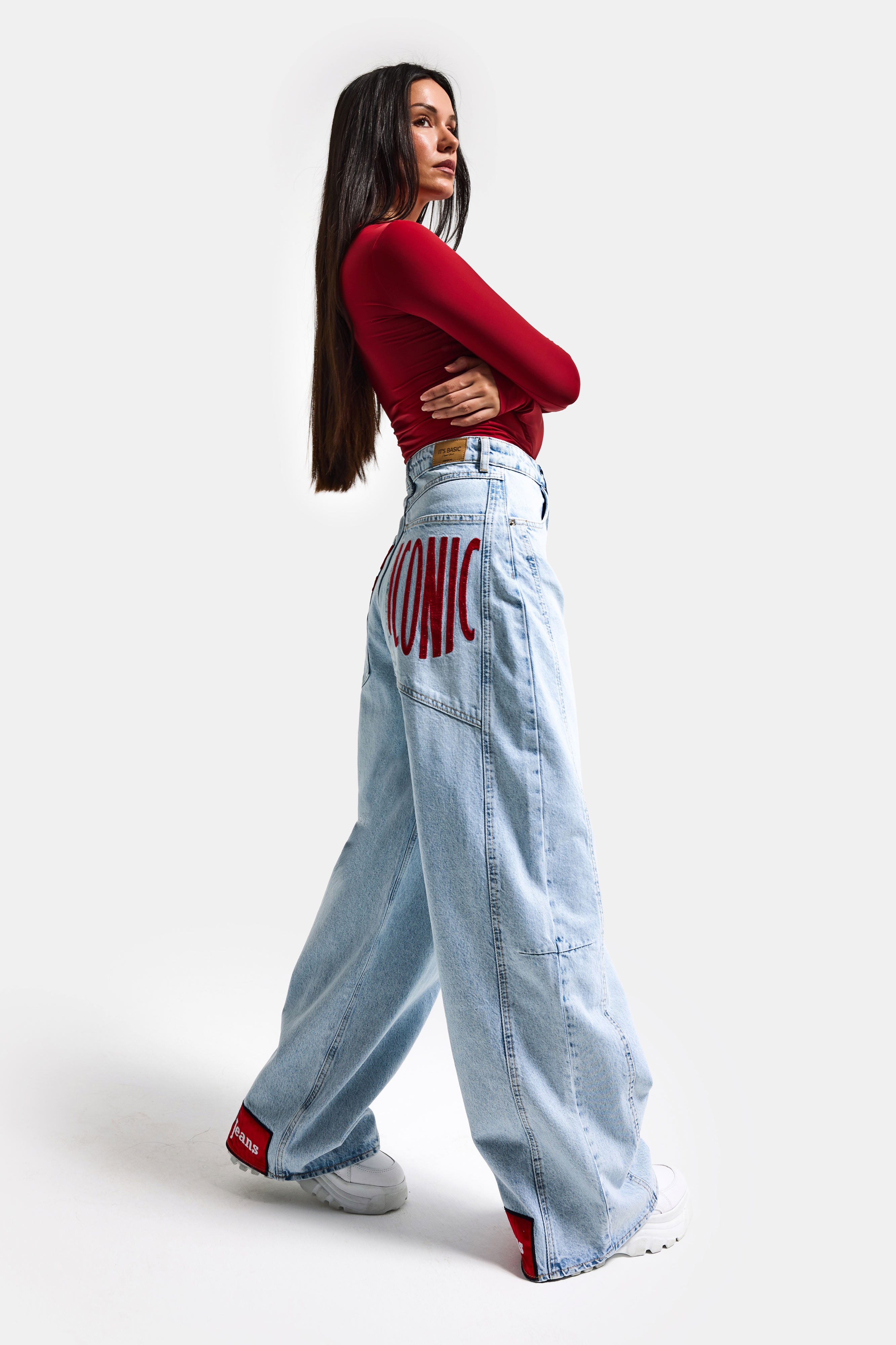 Kadın Ice Renk 4s6-3 Mega Baggy Fit Paça ve Cep Detaylı Özel Tasarım Denim Jean