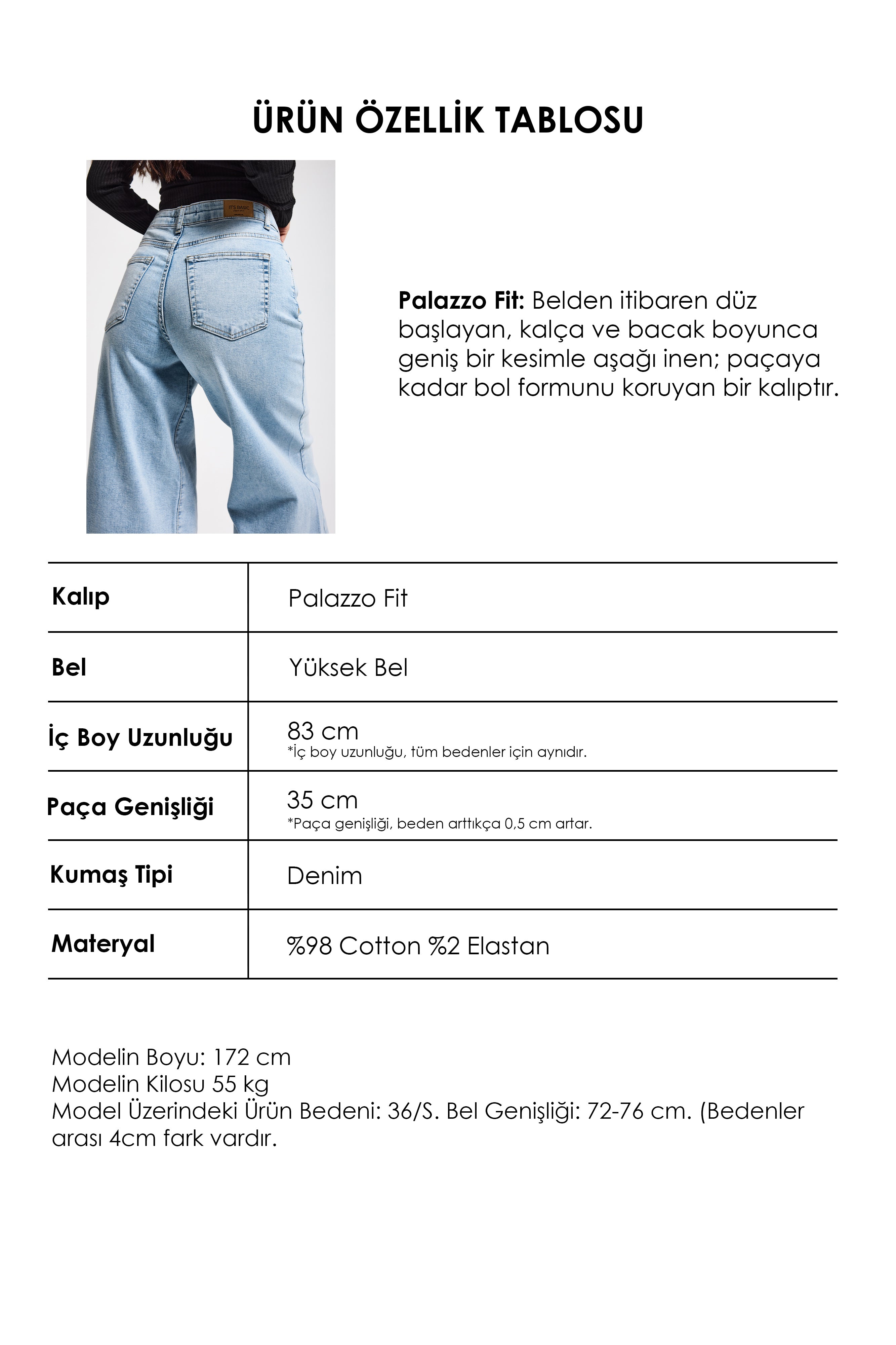 Kadın Ice Renk 4s6-32 Palazzo Fit Esnek Kumaş İç Boy 80cm Denim Jean