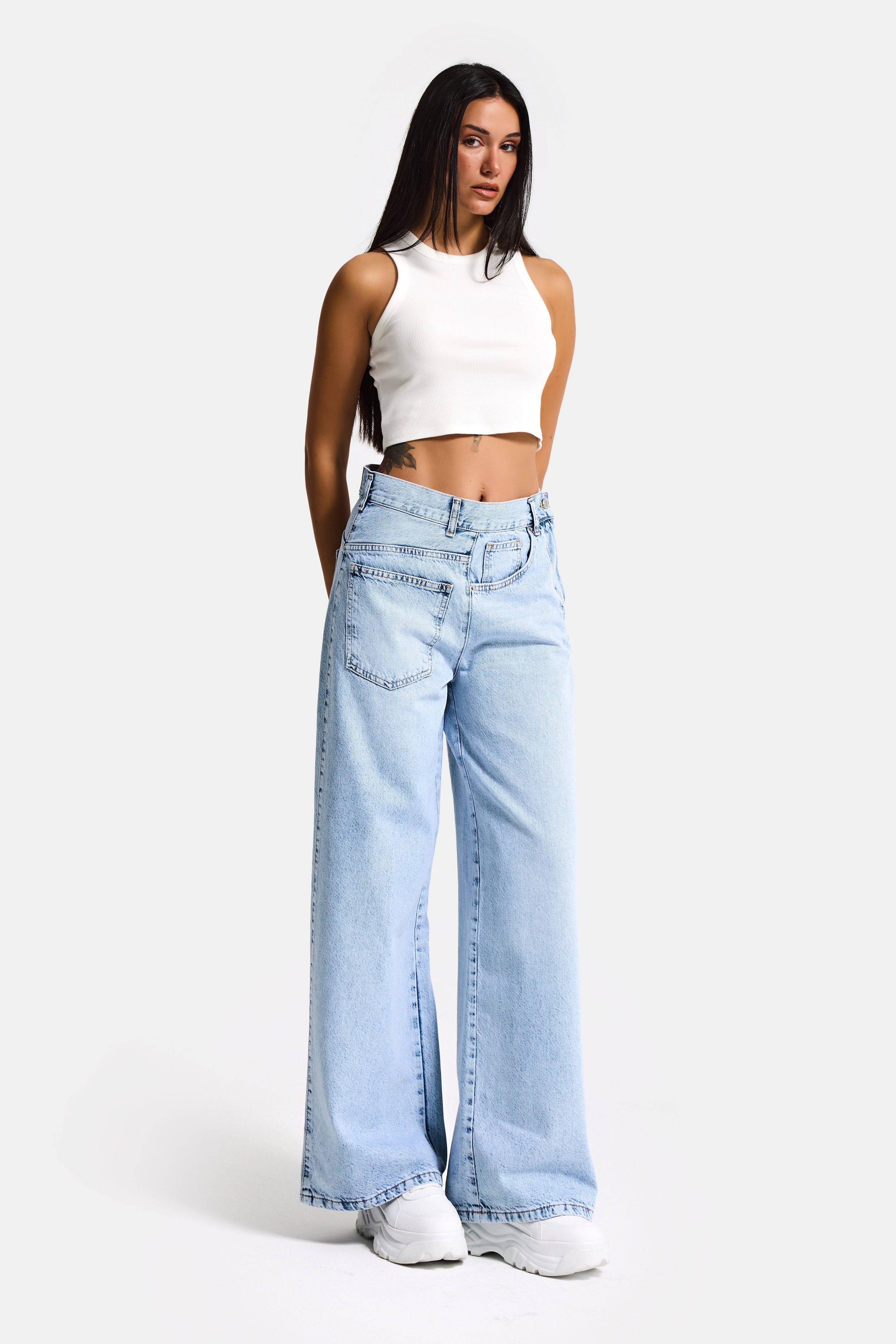 Kadın Ice Renk 4s6-3 Mega Baggy Fit Ön Arka Detay Tasarım Denim Jean