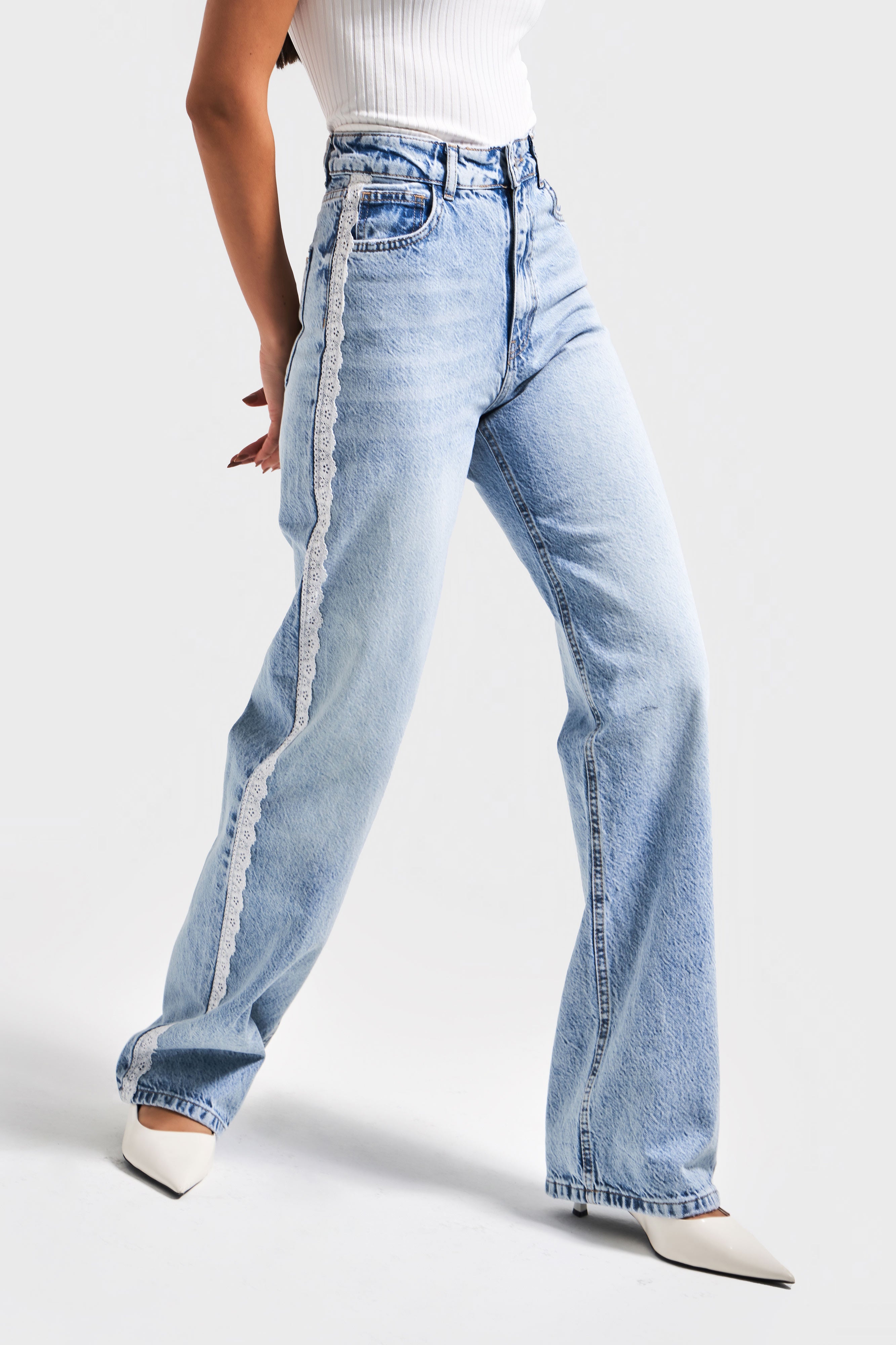 Kadın Ice Renk D1-4S5-3 Straight Fit Yüksek Bel Dantel Şeritli Tasarım %100 Koton Denim Jean