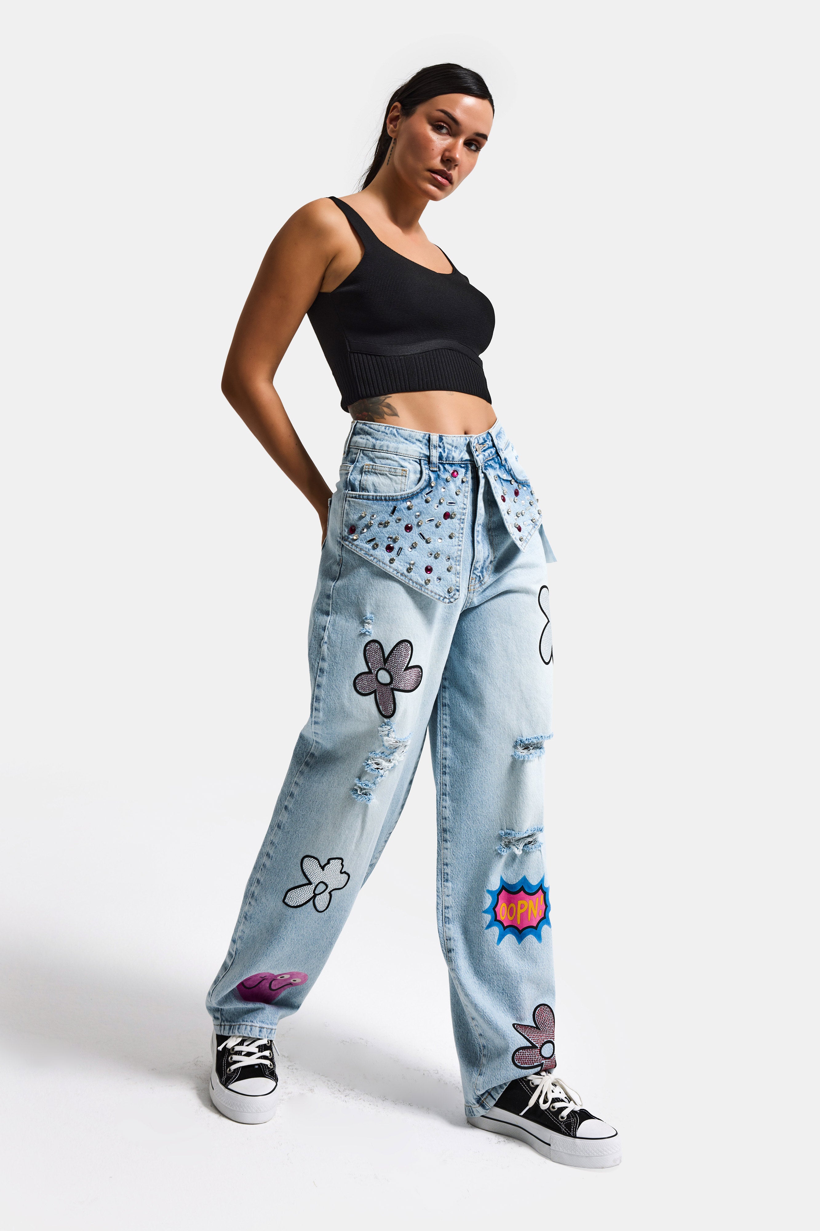 Kadın Ice T-12s6-3 Skater Fit Nakış Desenli Özel Tasarım Denim Jean