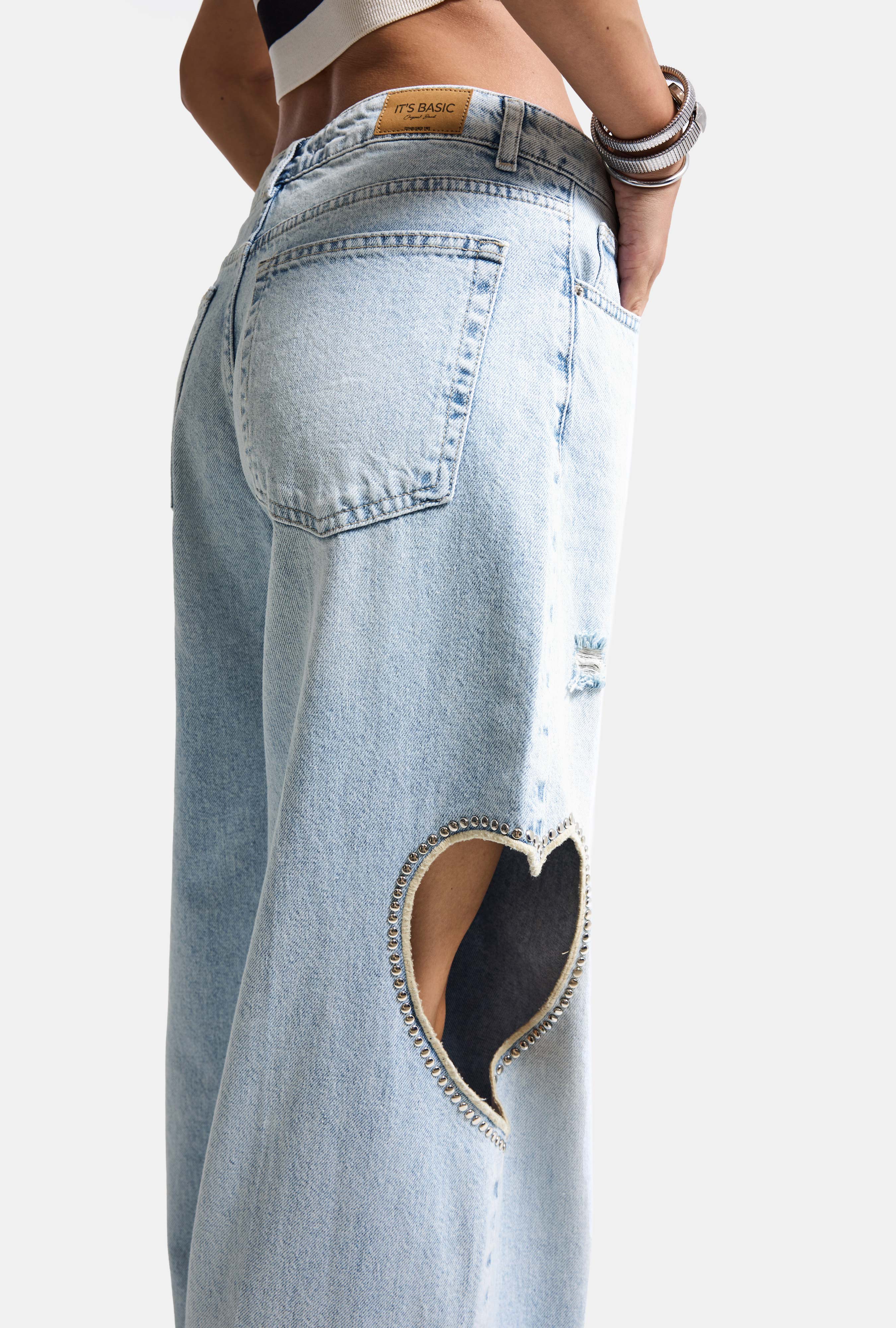 Kadın Ice T-12s6-3 Süper Baggy Fit Kalp Detaylı Tasarım Denim Jean
