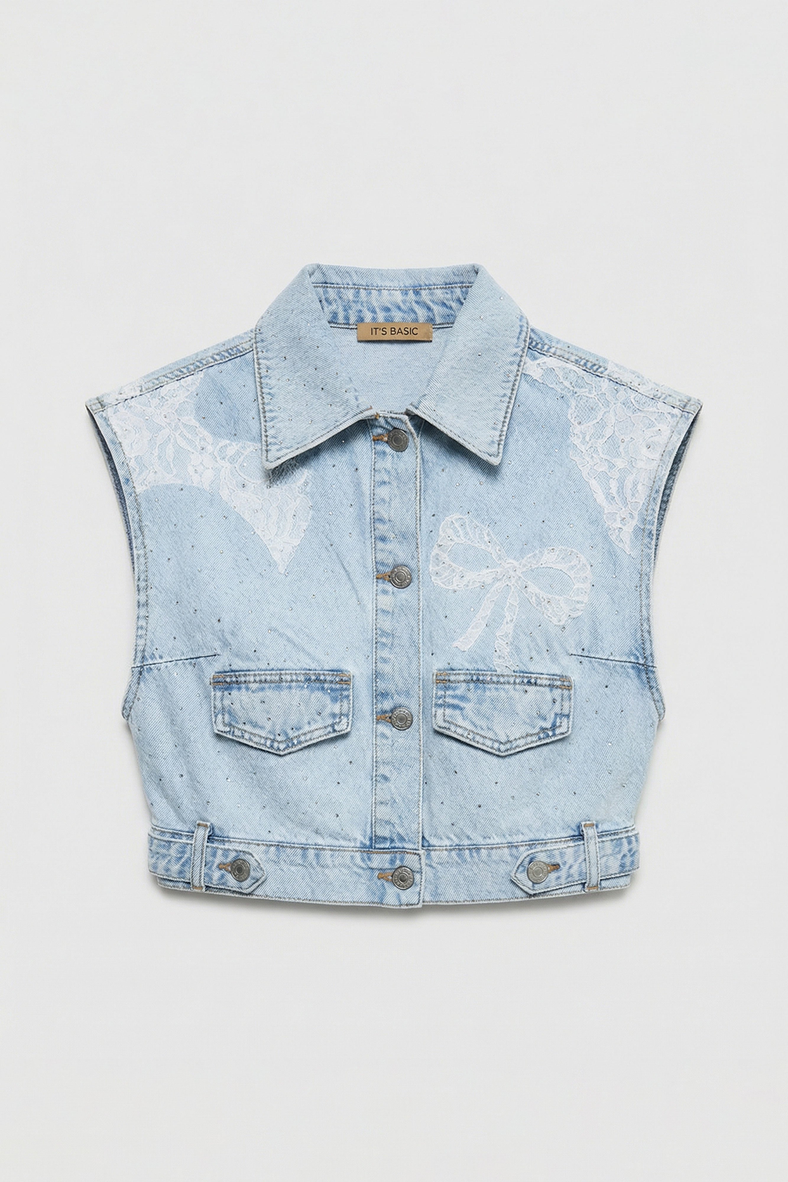 Kadın Ice T-3s6-3 Crop Fit Dantel ve Taş Detaylı Tasarım Denim Yelek