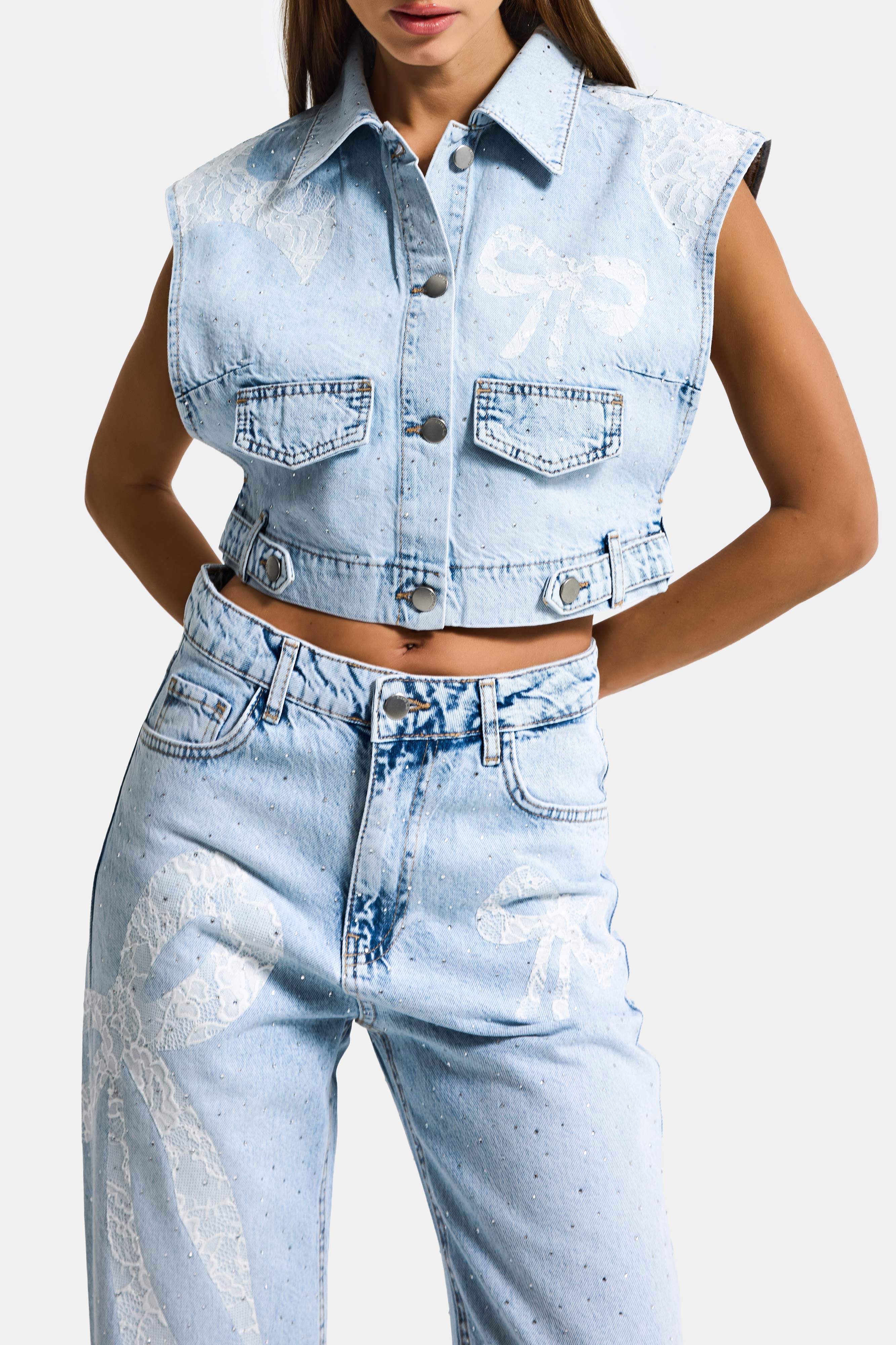 Kadın Ice T-3s6-3 Crop Fit Dantel ve Taş Detaylı Tasarım Denim Yelek