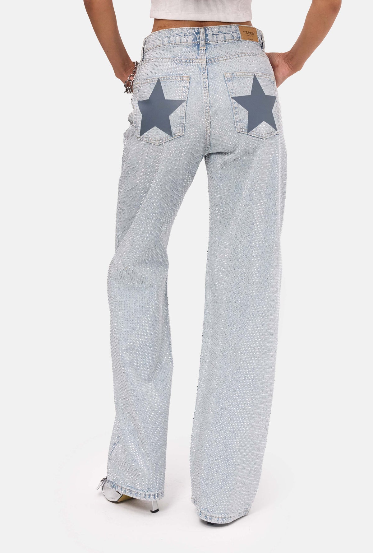Kadın Ice T-4s6-3 Straight Fit Parlak Taşlı Özel Tasarım Denim Jean