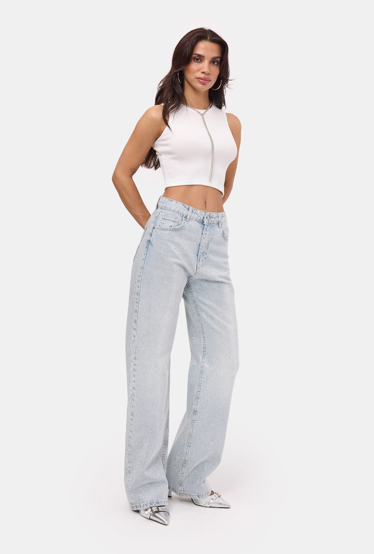 Kadın Ice T-4s6-3 Straight Fit Parlak Taşlı Özel Tasarım Denim Jean